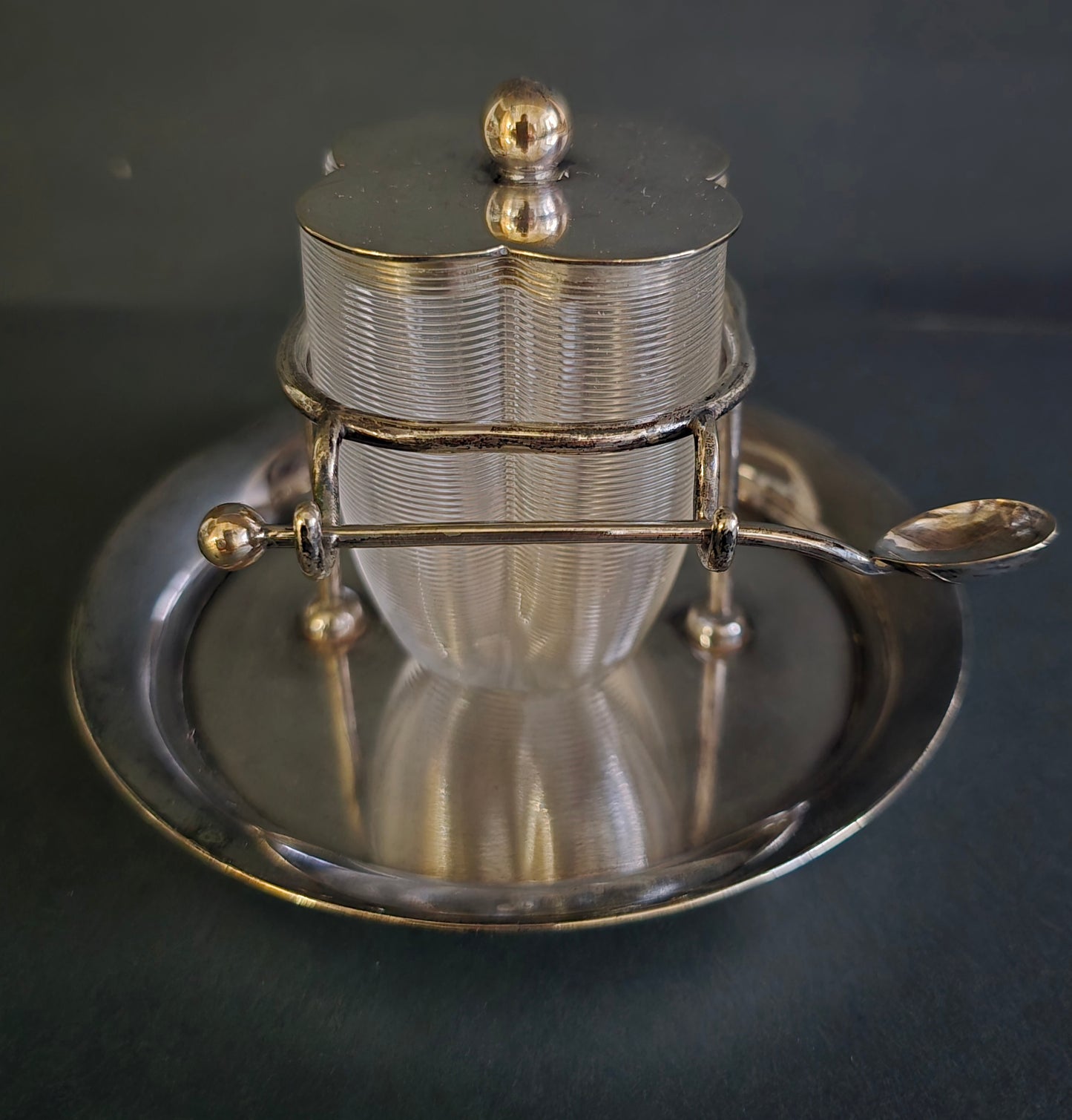 Antique Frisian Wire Glass Jam Pot Set with Silver Spoon - 1910