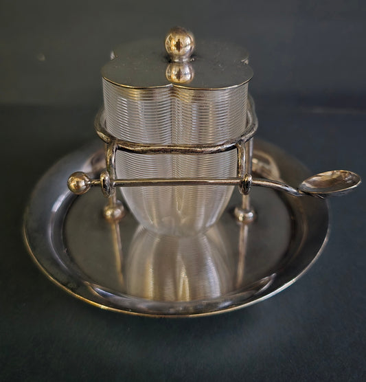 Antique Frisian Wire Glass Jam Pot Set with Silver Spoon - 1910