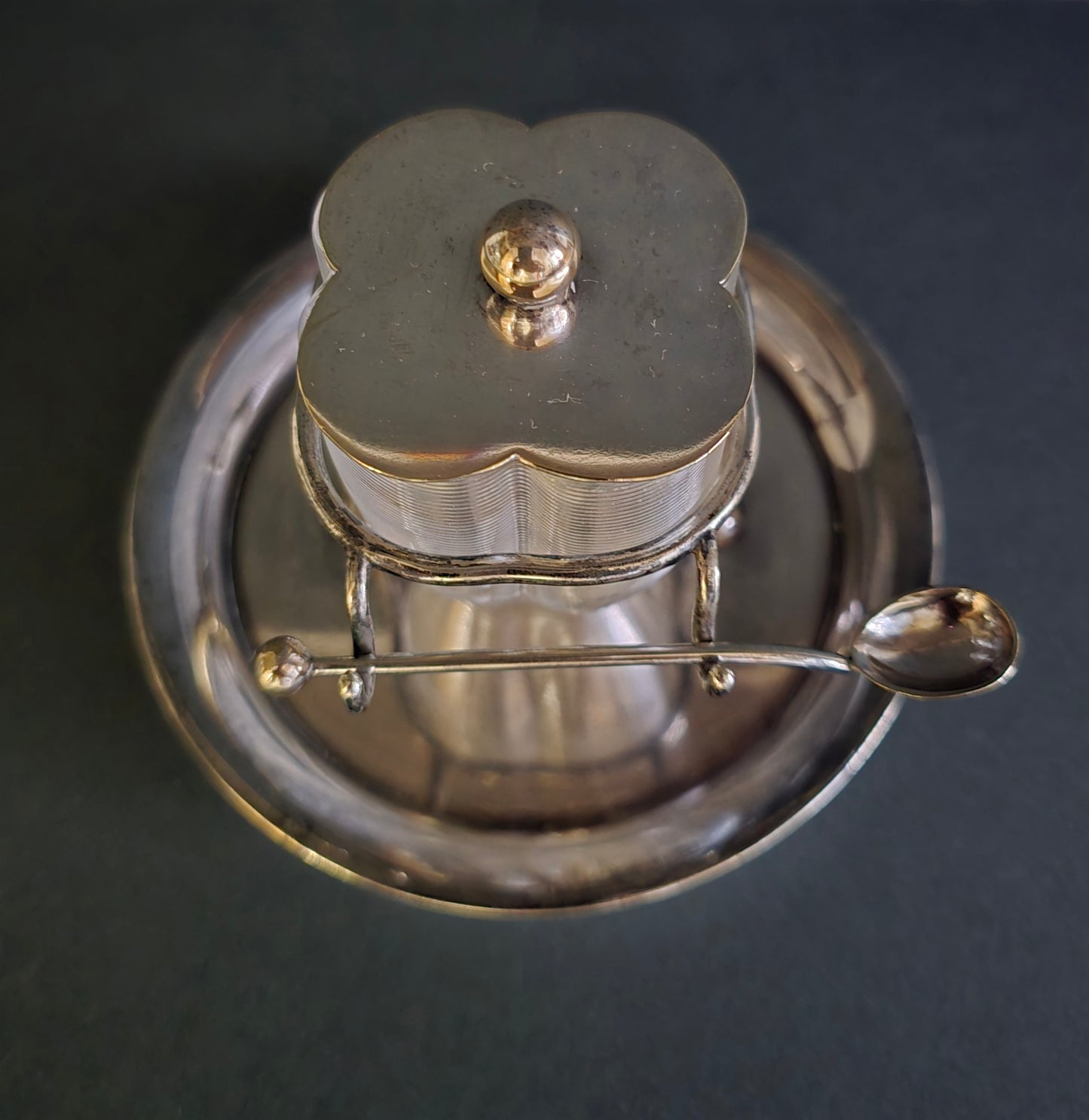 Antique Frisian Wire Glass Jam Pot Set with Silver Spoon - 1910
