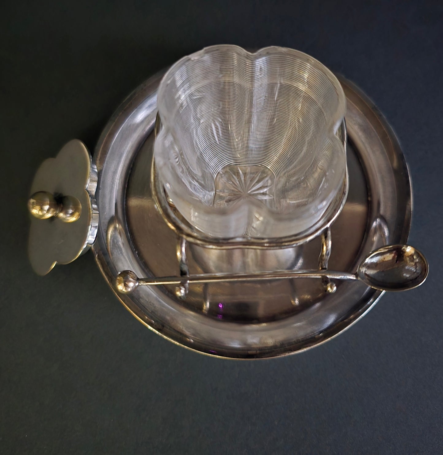 Antique Frisian Wire Glass Jam Pot Set with Silver Spoon - 1910