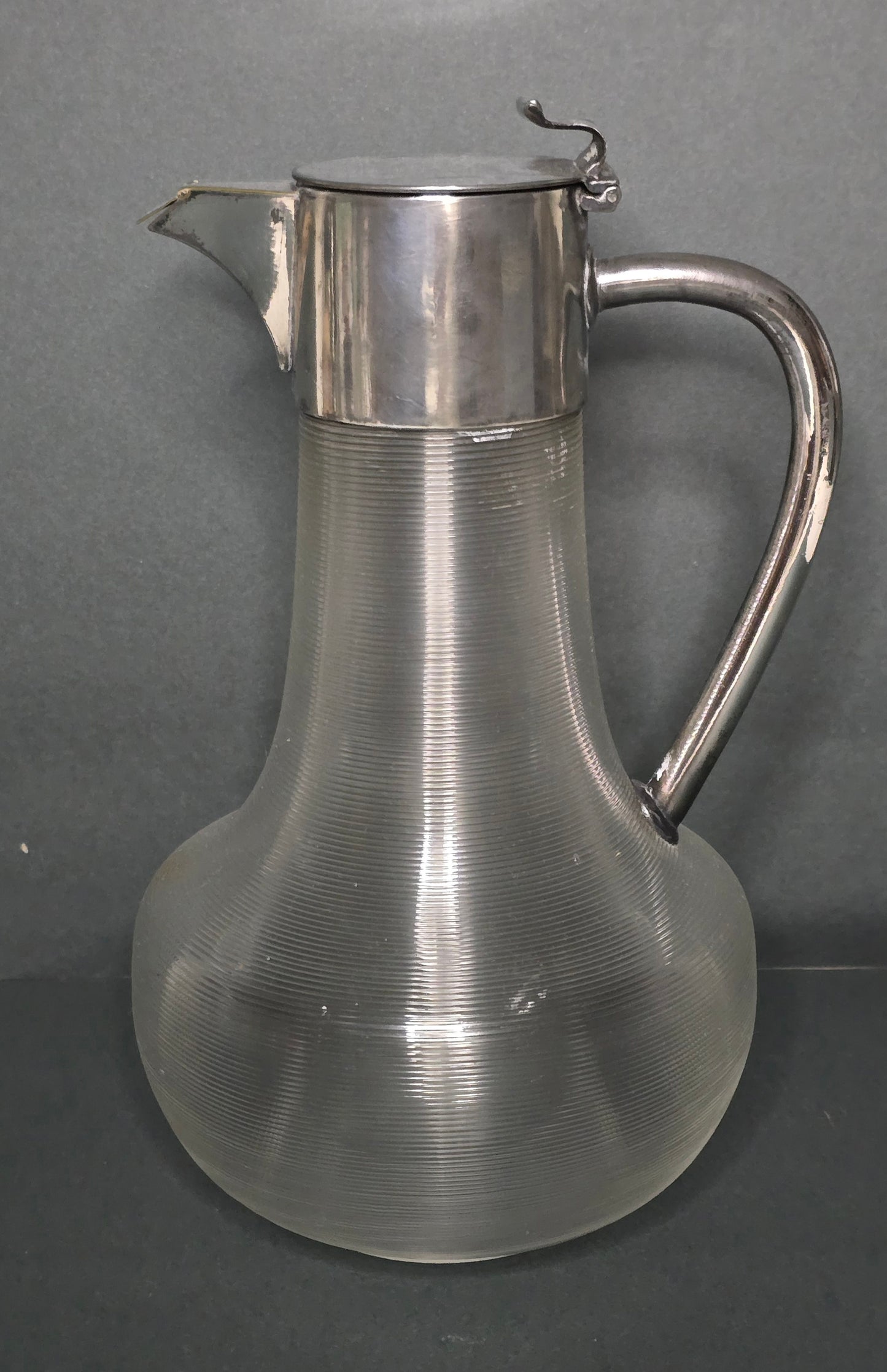Mouth-blown Frisian thread glass carafe with silver-plated handle 1900
