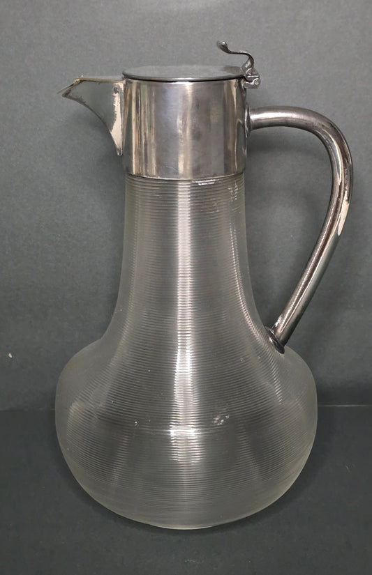 Mouth-blown Frisian thread glass carafe with silver-plated handle 1900
