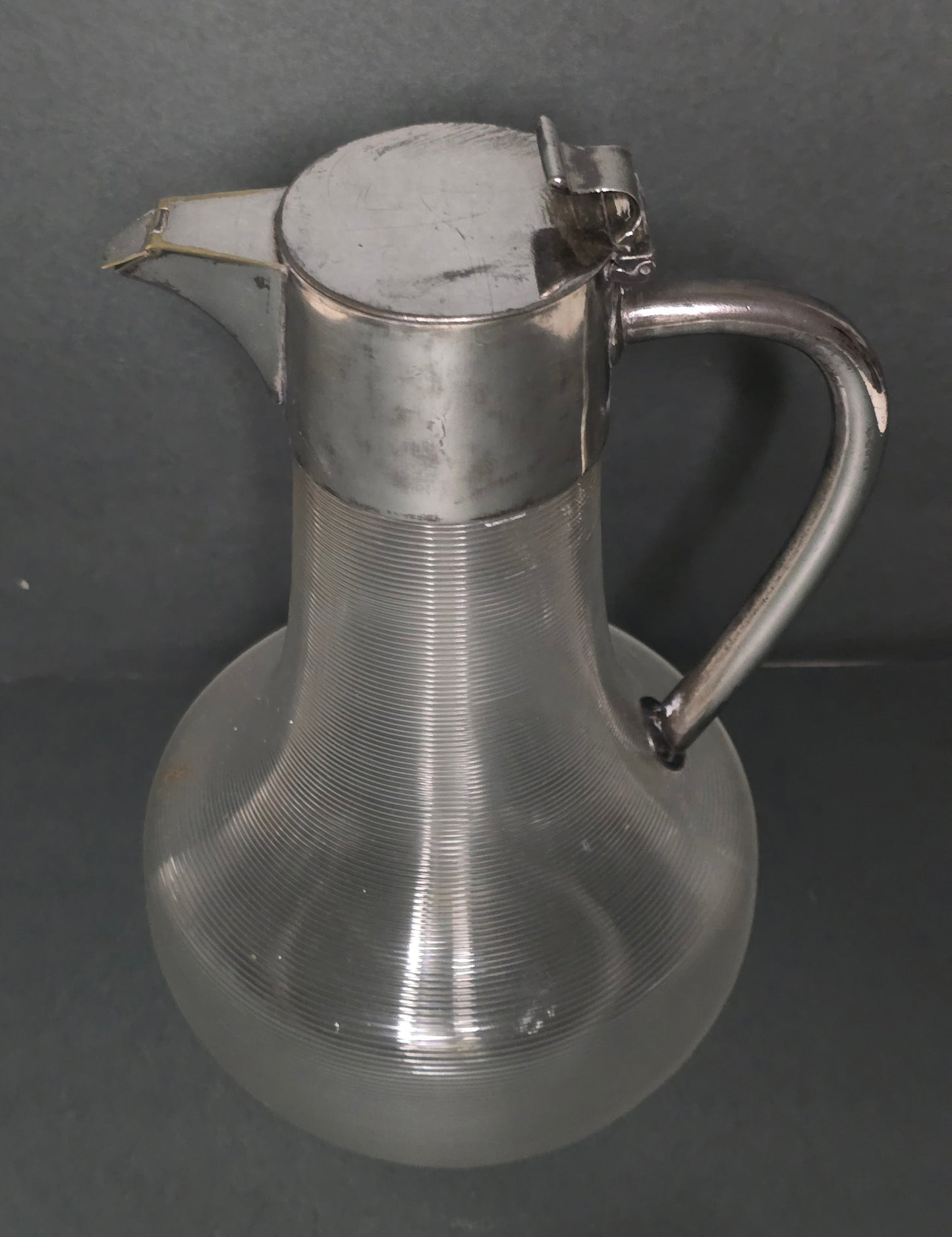 Mouth-blown Frisian thread glass carafe with silver-plated handle 1900