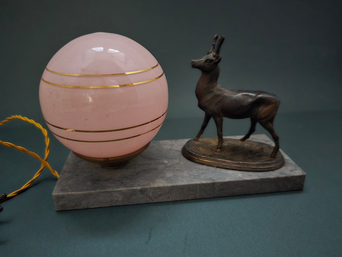Art Deco Deer Lamp with Pink Glass Globe - France 1920s