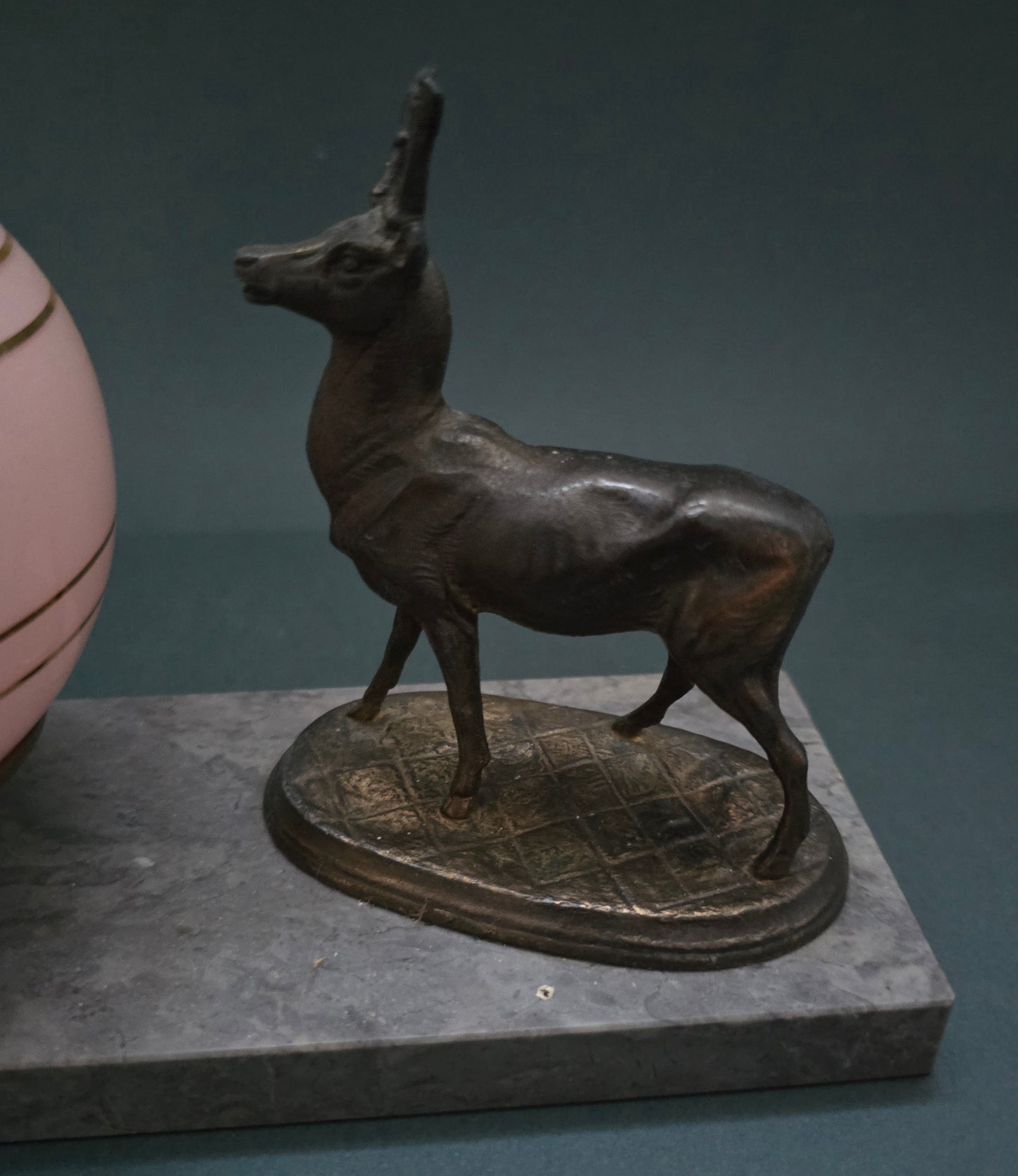 Art Deco Deer Lamp with Pink Glass Globe - France 1920s