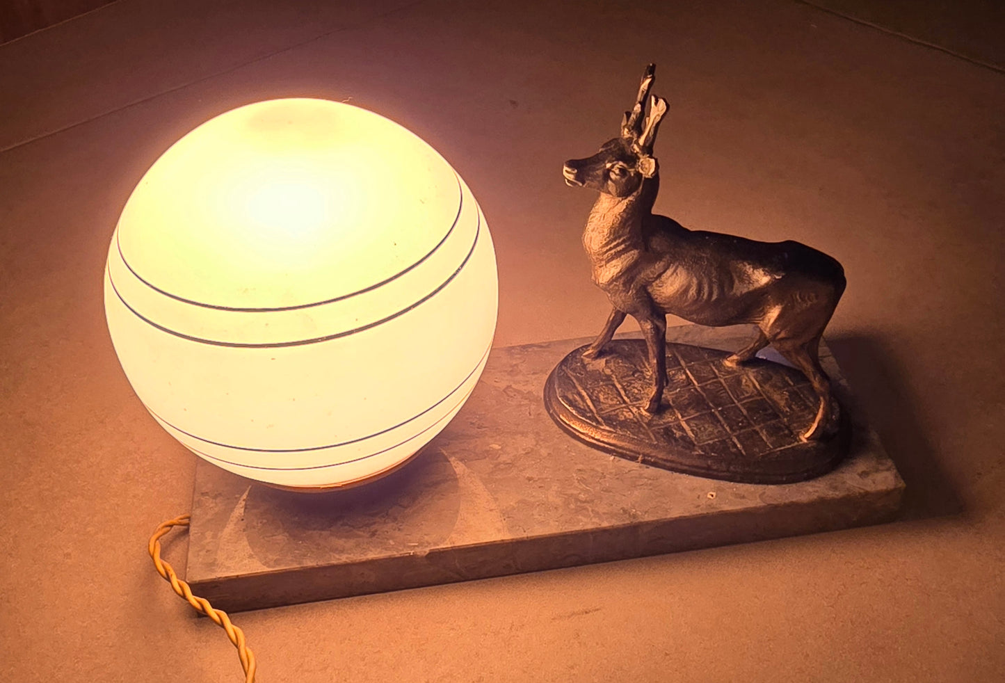 Art Deco Deer Lamp with Pink Glass Globe - France 1920s