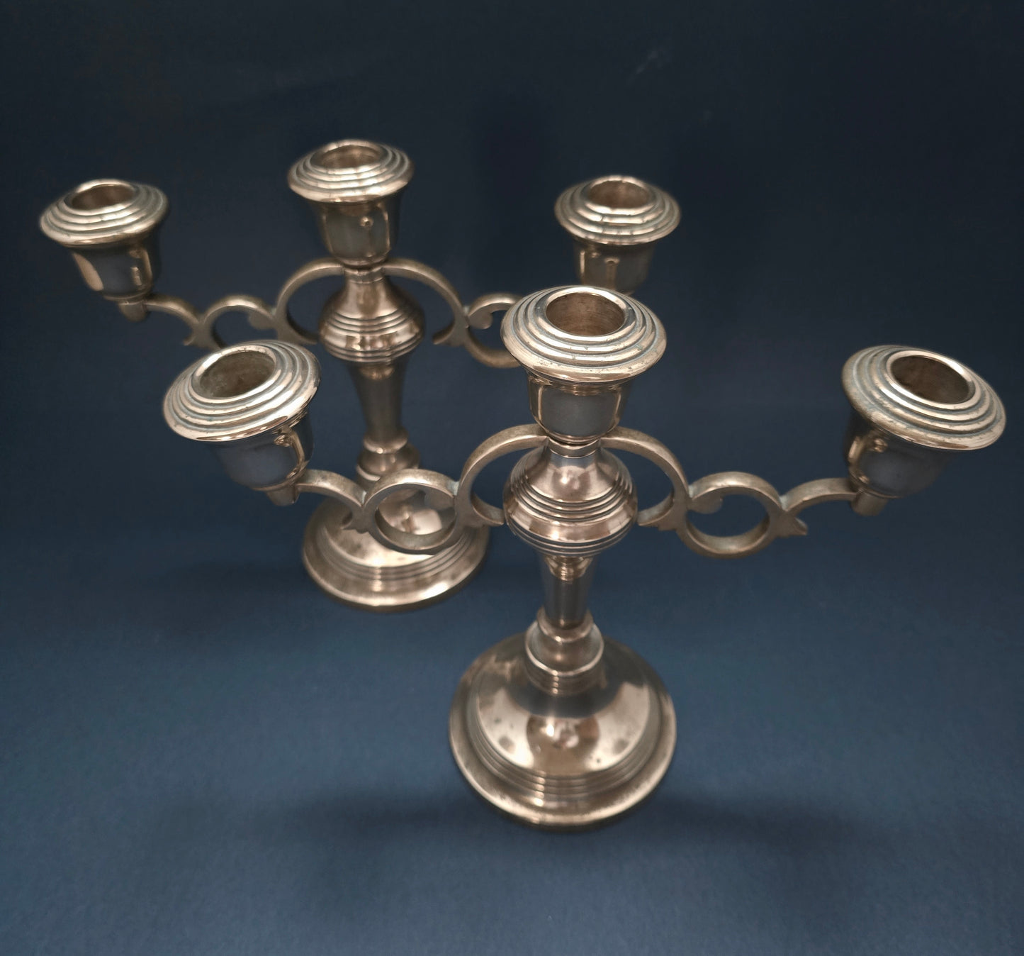Pair of Art Deco Silver-Plated 3-Arm Candelabras - 1930s English, Heavy Quality