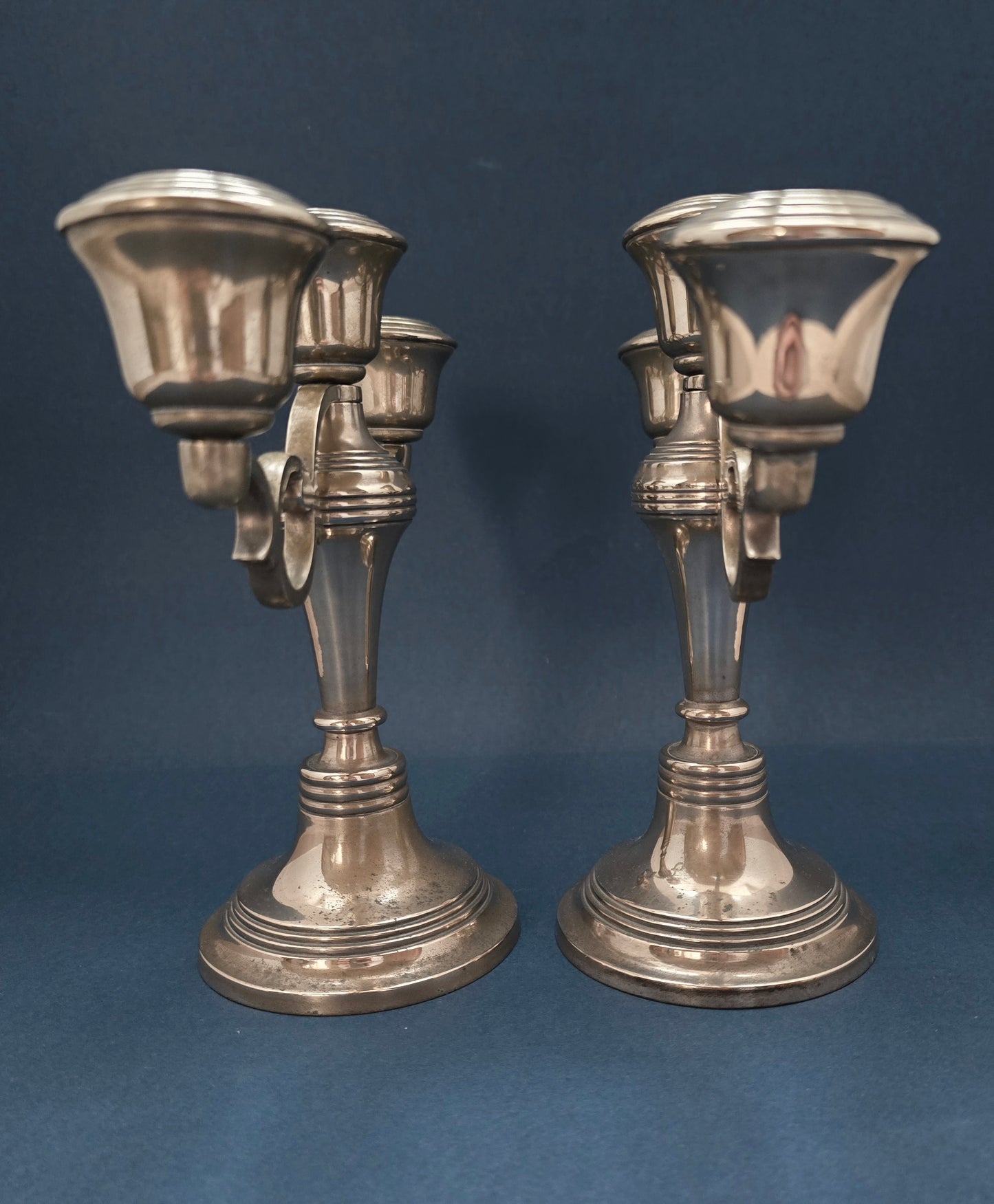Pair of Art Deco Silver-Plated 3-Arm Candelabras - 1930s English, Heavy Quality