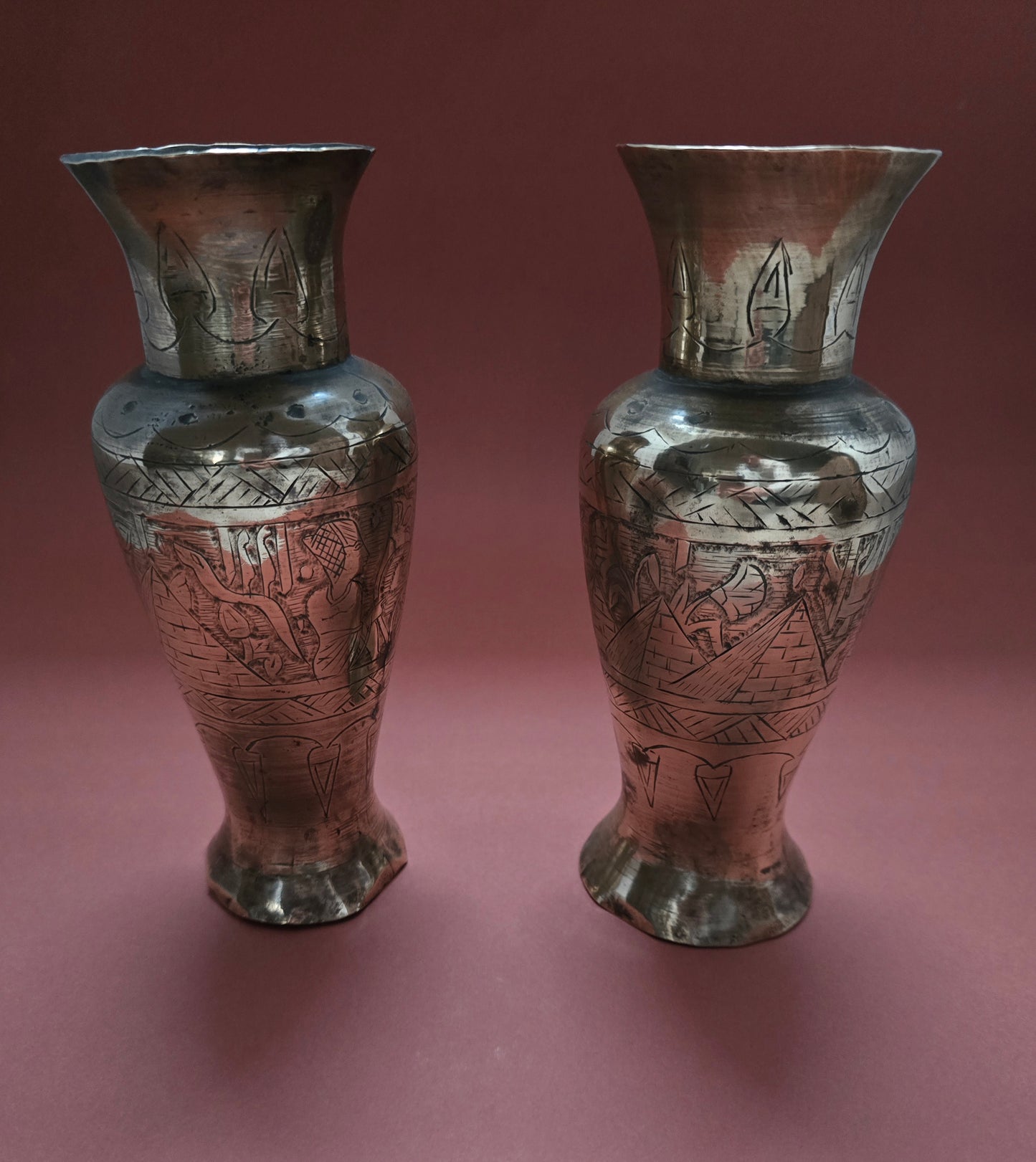 Pair of Antique Egyptian Copper Vases - 1920s with Hieroglyphic Motifs