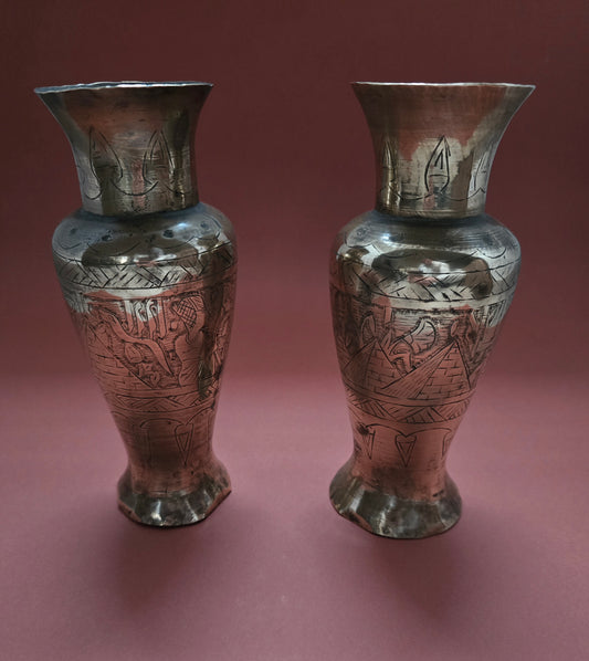 Pair of Antique Egyptian Copper Vases - 1920s with Hieroglyphic Motifs