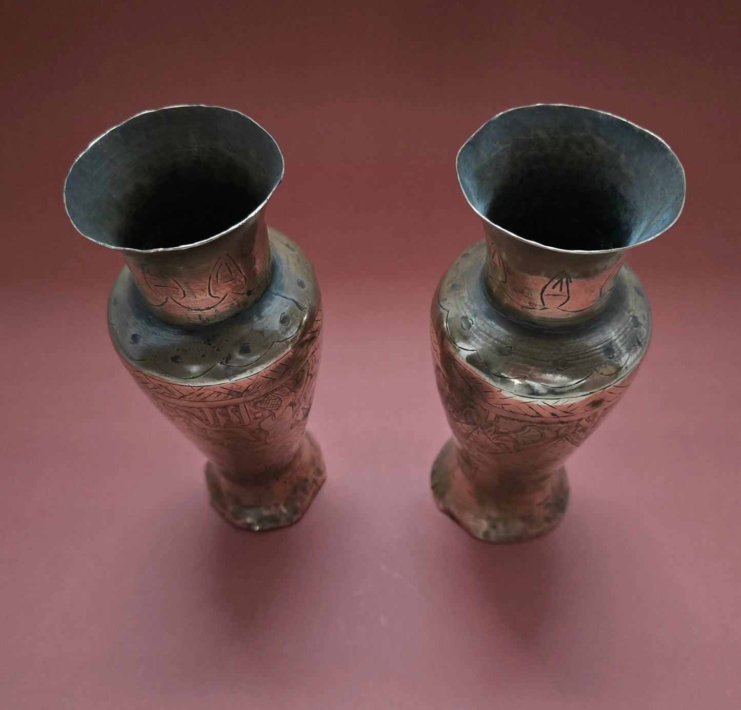 Pair of Antique Egyptian Copper Vases - 1920s with Hieroglyphic Motifs