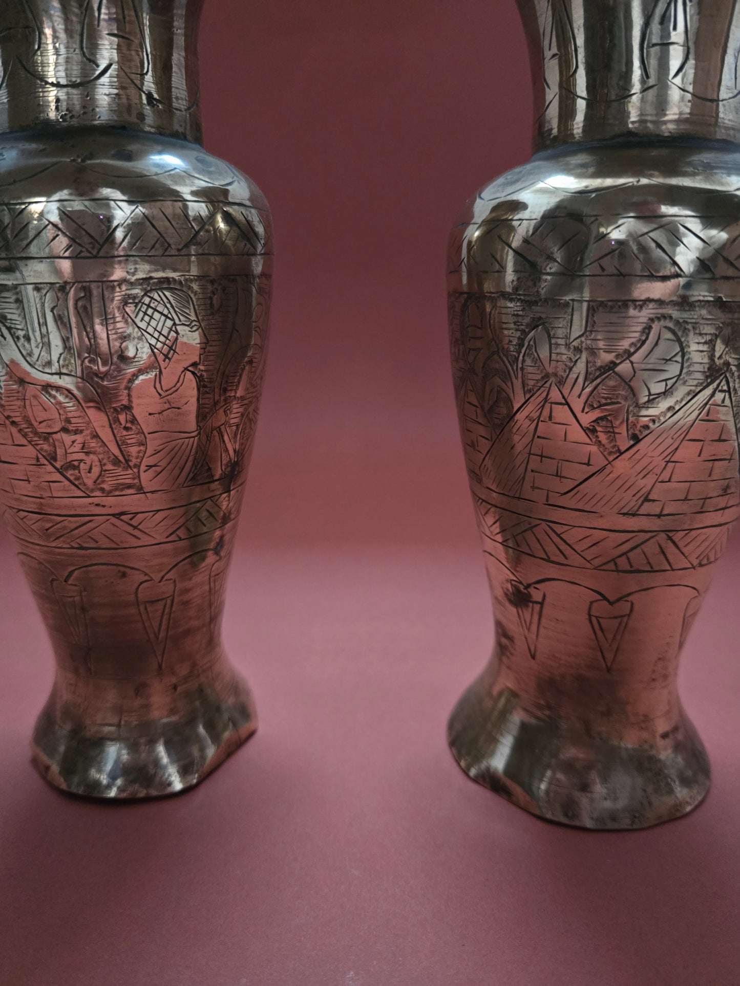 Pair of Antique Egyptian Copper Vases - 1920s with Hieroglyphic Motifs