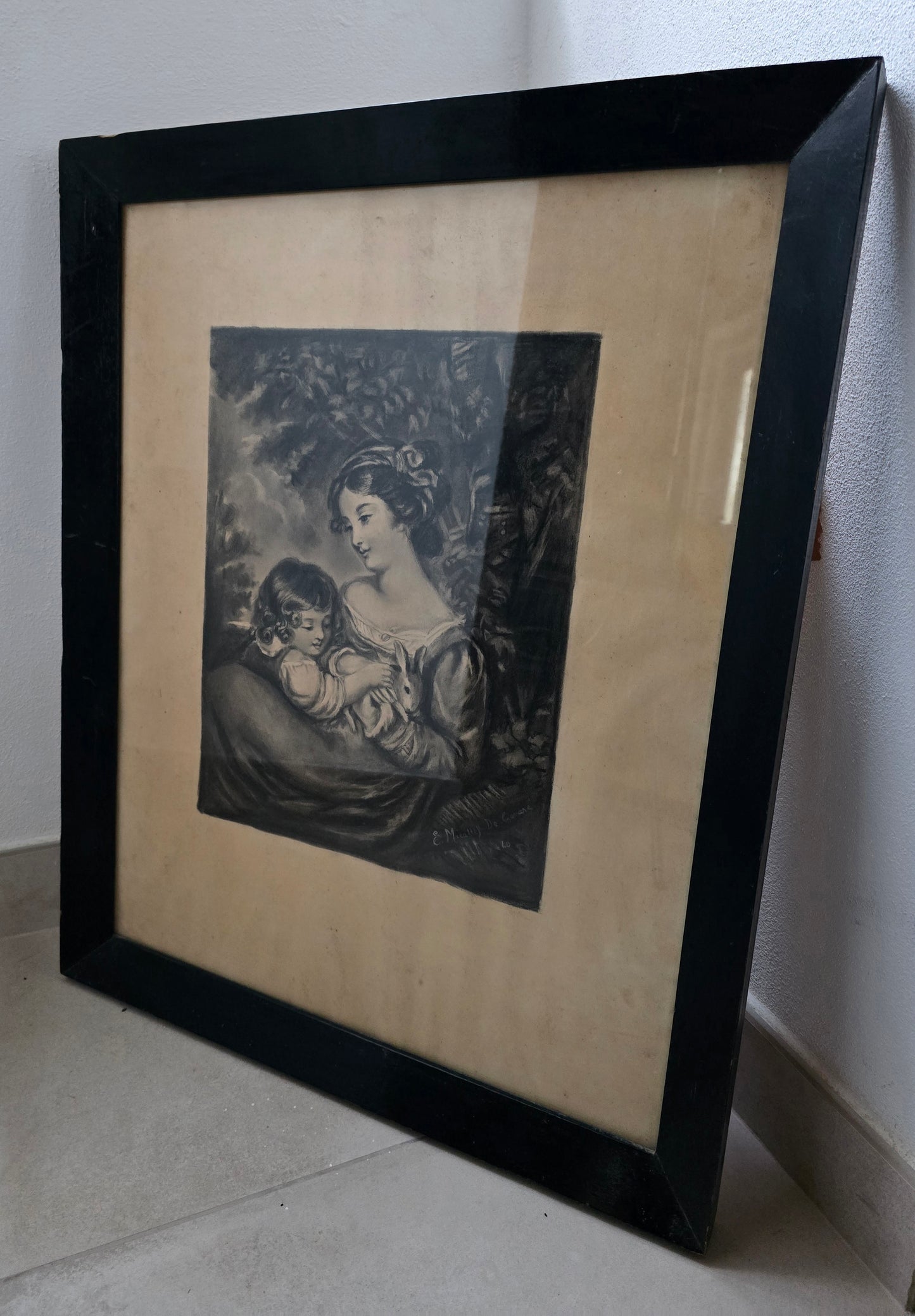 Antique Pencil Drawing in Ebony Frame, Signed 1860
