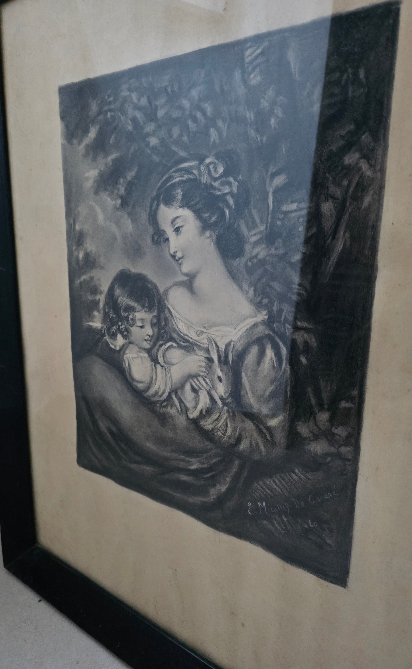 Antique Pencil Drawing in Ebony Frame, Signed 1860