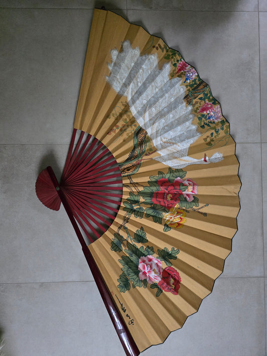 Vintage Japanese Wall Fan 1920s - Hand-Painted Rice Paper with Mahogany