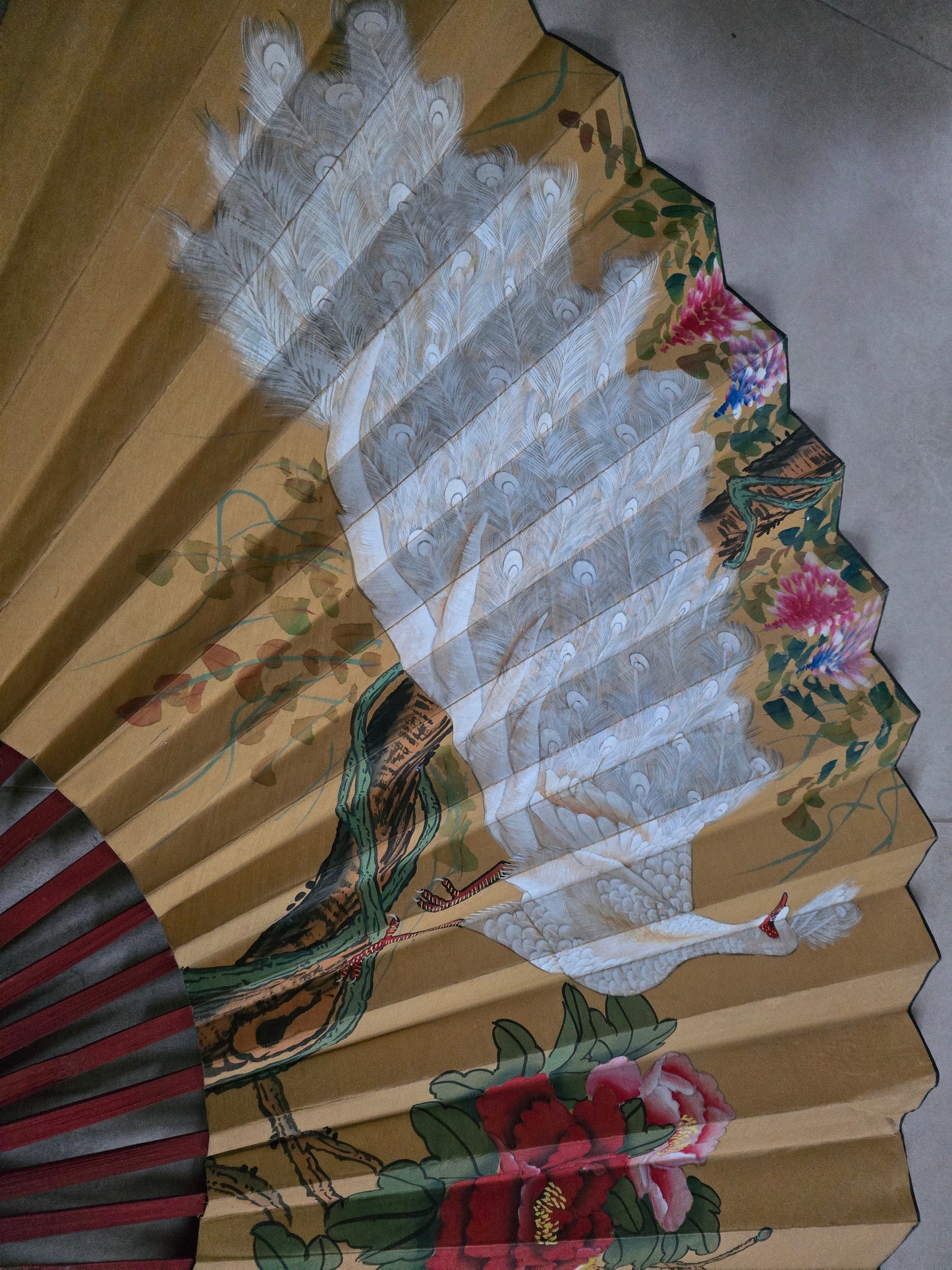 Vintage Japanese Wall Fan 1920s - Hand-Painted Rice Paper with Mahogany