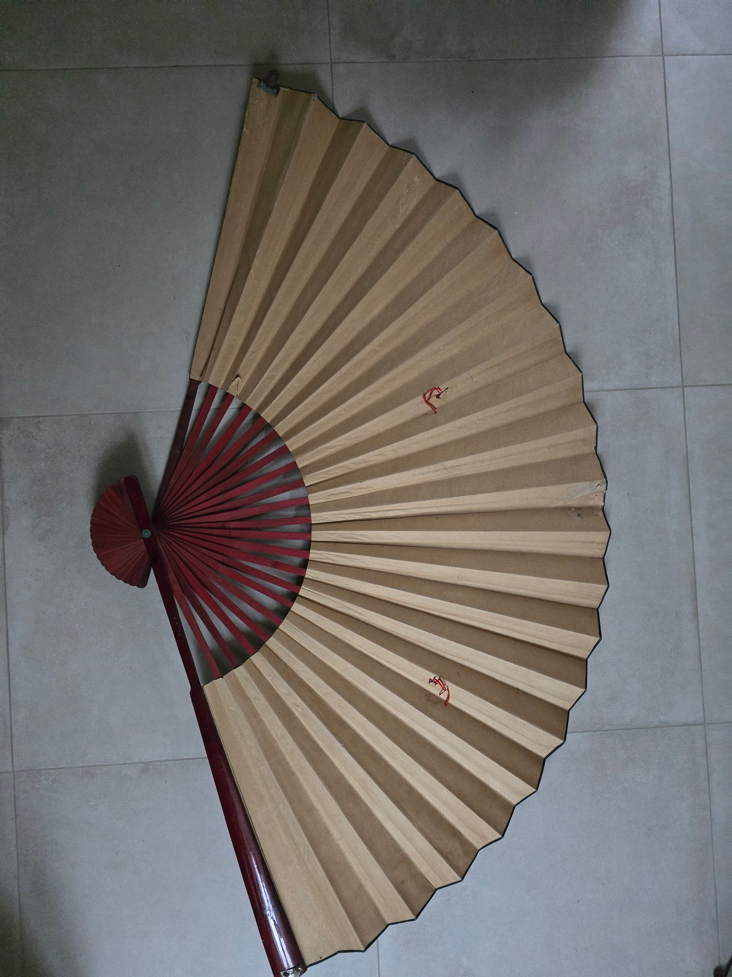 Vintage Japanese Wall Fan 1920s - Hand-Painted Rice Paper with Mahogany