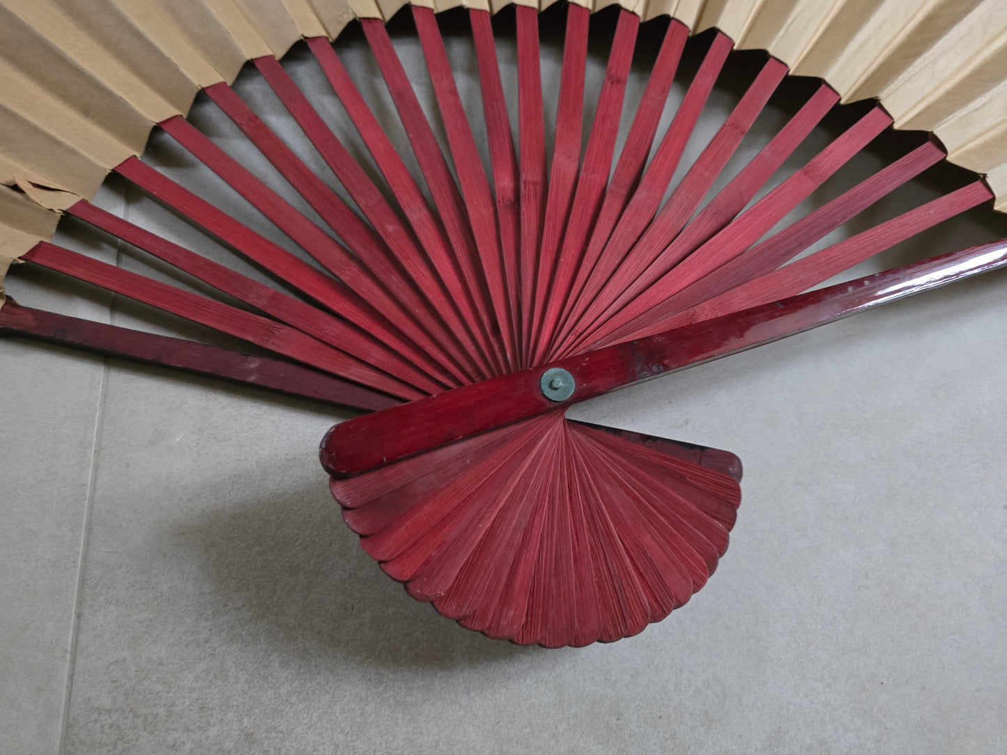Vintage Japanese Wall Fan 1920s - Hand-Painted Rice Paper with Mahogany
