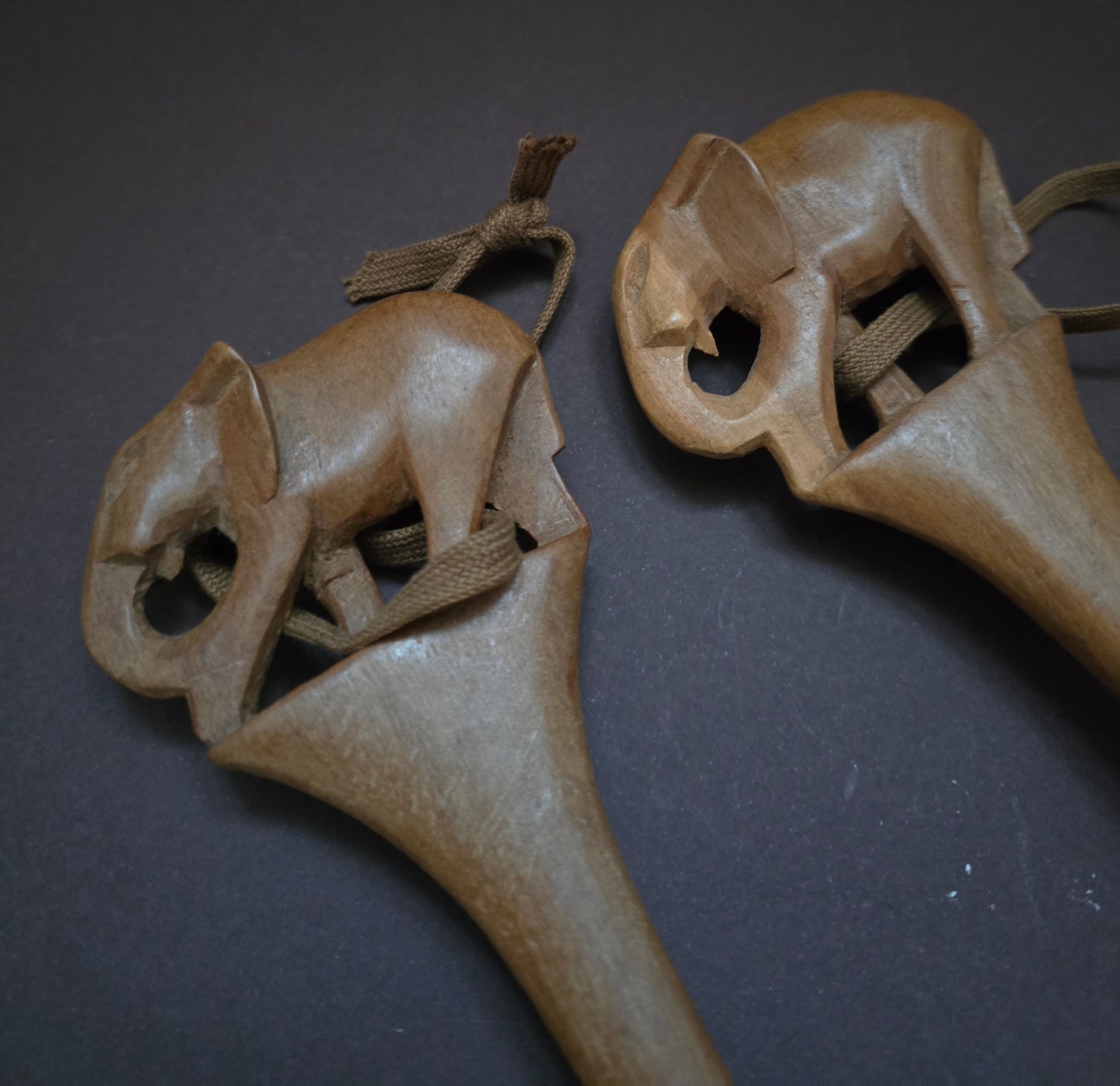 1970s Kenyan Hand-Carved Wooden Salad Servers - Elephant Design