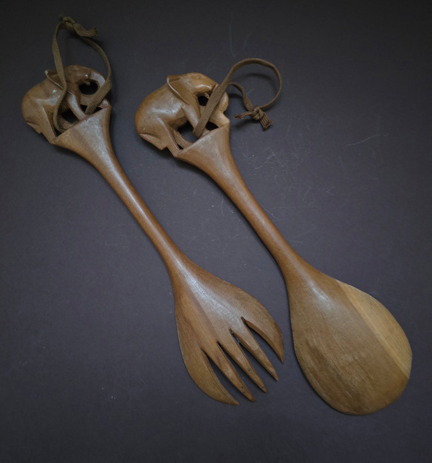 1970s Kenyan Hand-Carved Wooden Salad Servers - Elephant Design