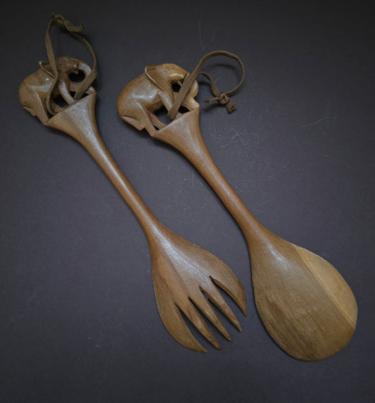 1970s Kenyan Hand-Carved Wooden Salad Servers - Elephant Design