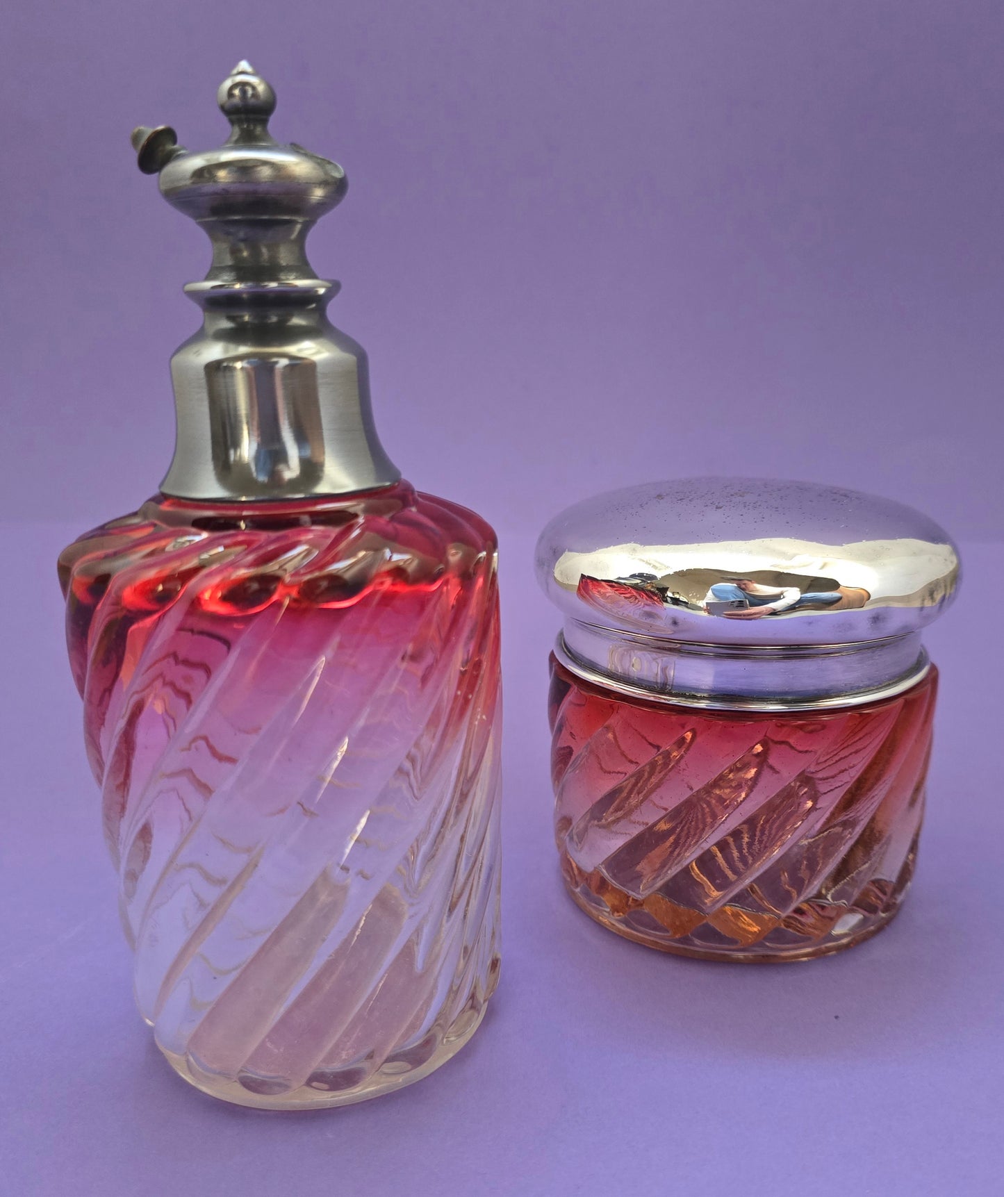 1920s French Vanity Set - Perfume Bottle & Powder Jar with Silver Lids