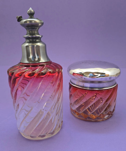 1920s French Vanity Set - Perfume Bottle & Powder Jar with Silver Lids