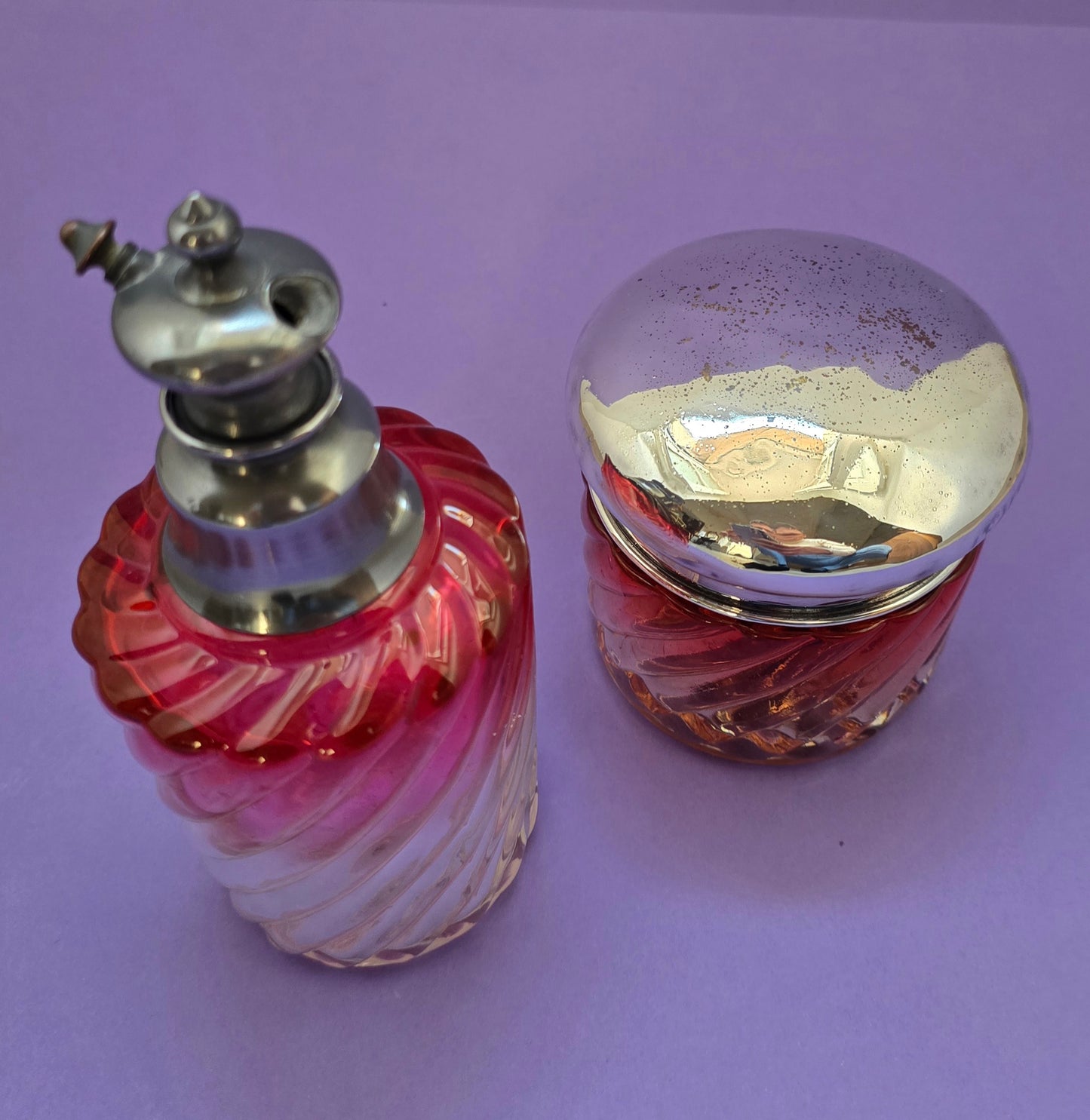 1920s French Vanity Set - Perfume Bottle & Powder Jar with Silver Lids