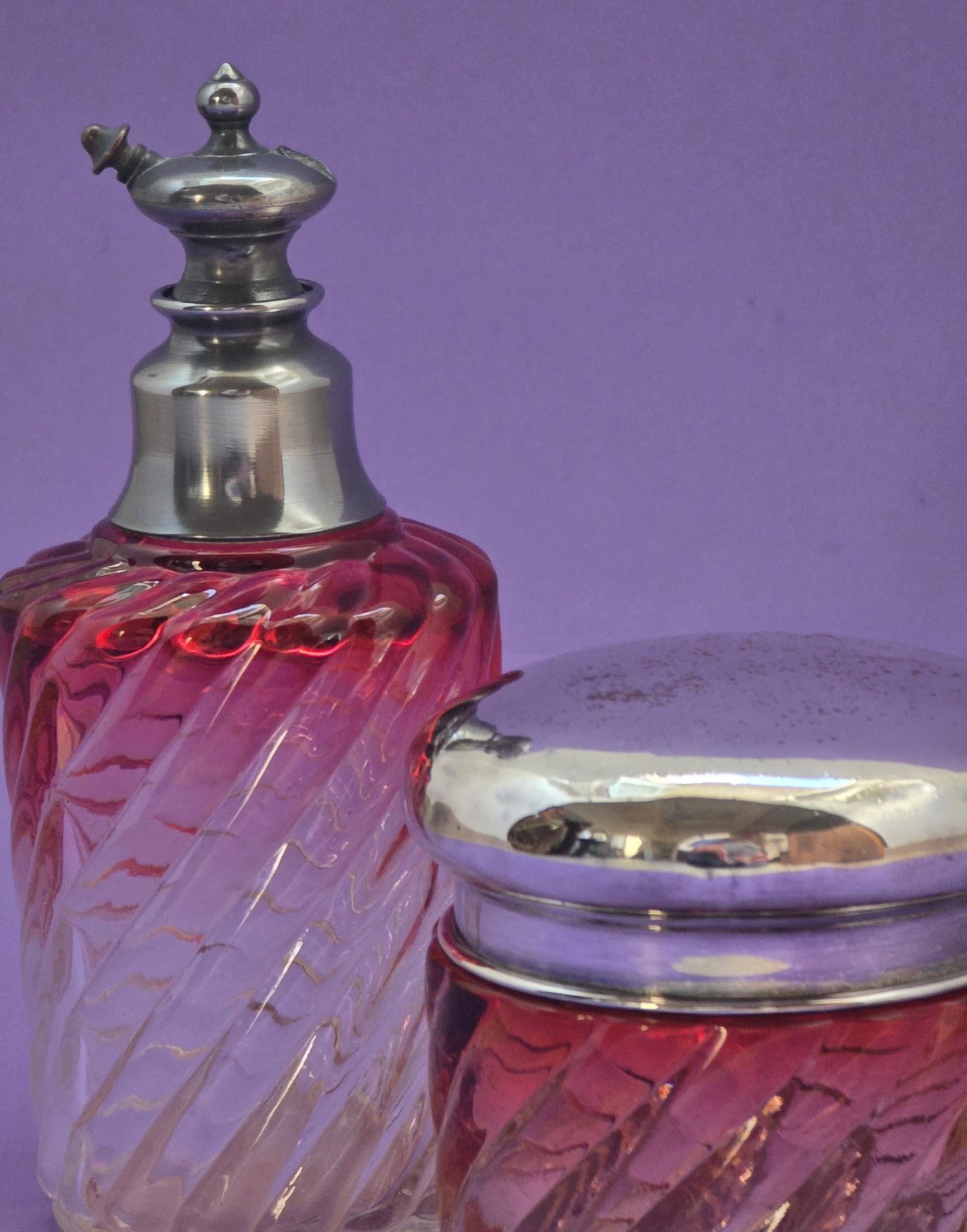 1920s French Vanity Set - Perfume Bottle & Powder Jar with Silver Lids