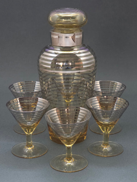 1930s Art Deco Bohemian Crystal Cocktail Set with Yellow Accents