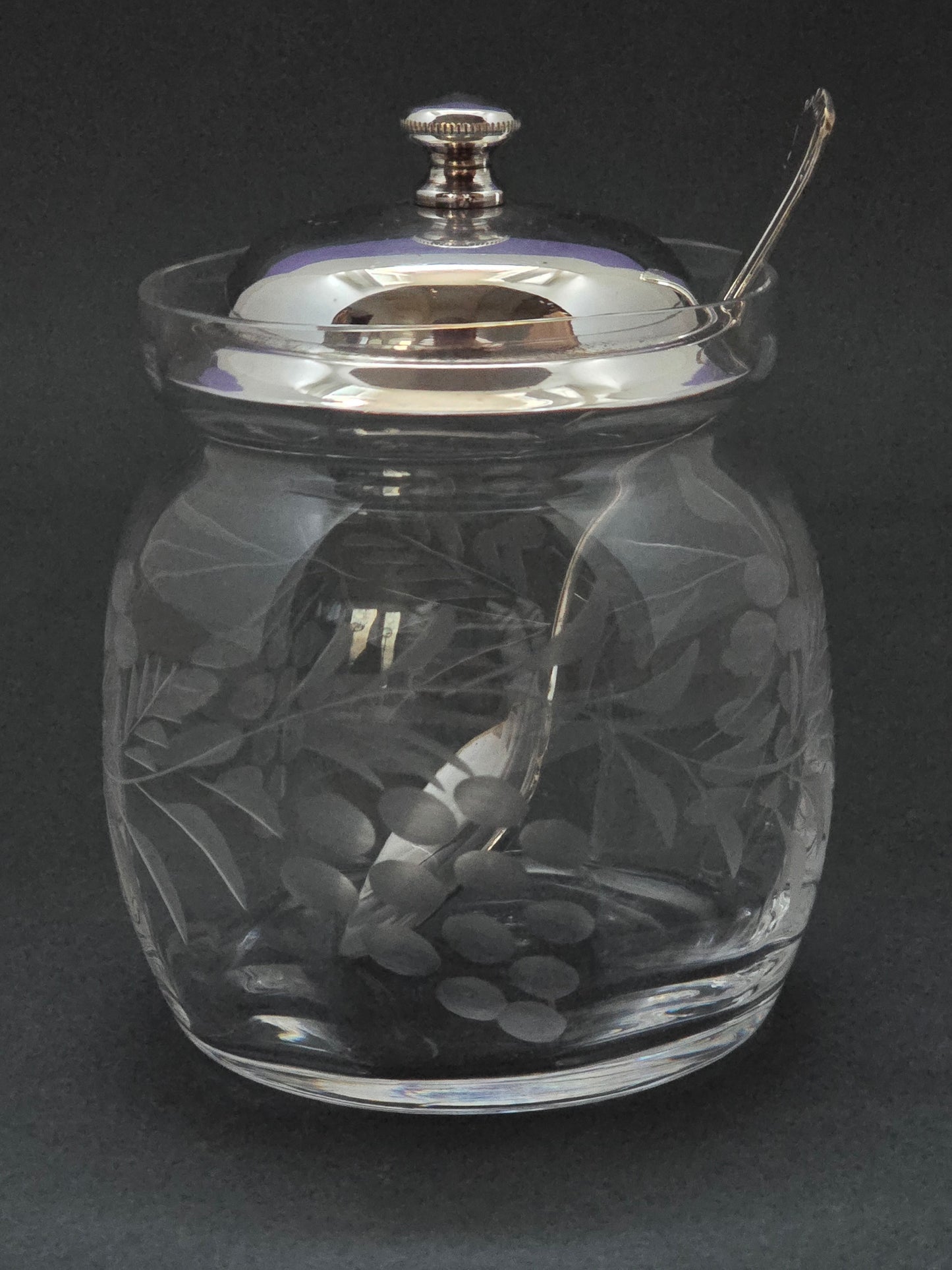English Crystal Jam Jar - 1940s Silver Plated Lid with Original EPNS Spoon