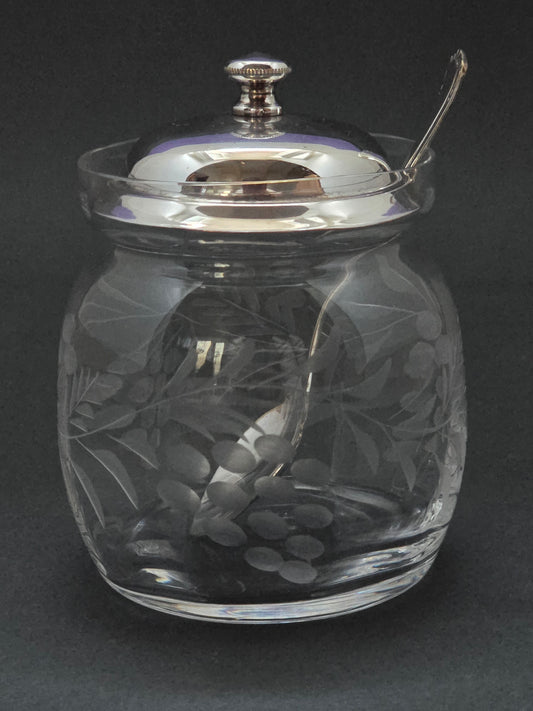 English Crystal Jam Jar - 1940s Silver Plated Lid with Original EPNS Spoon
