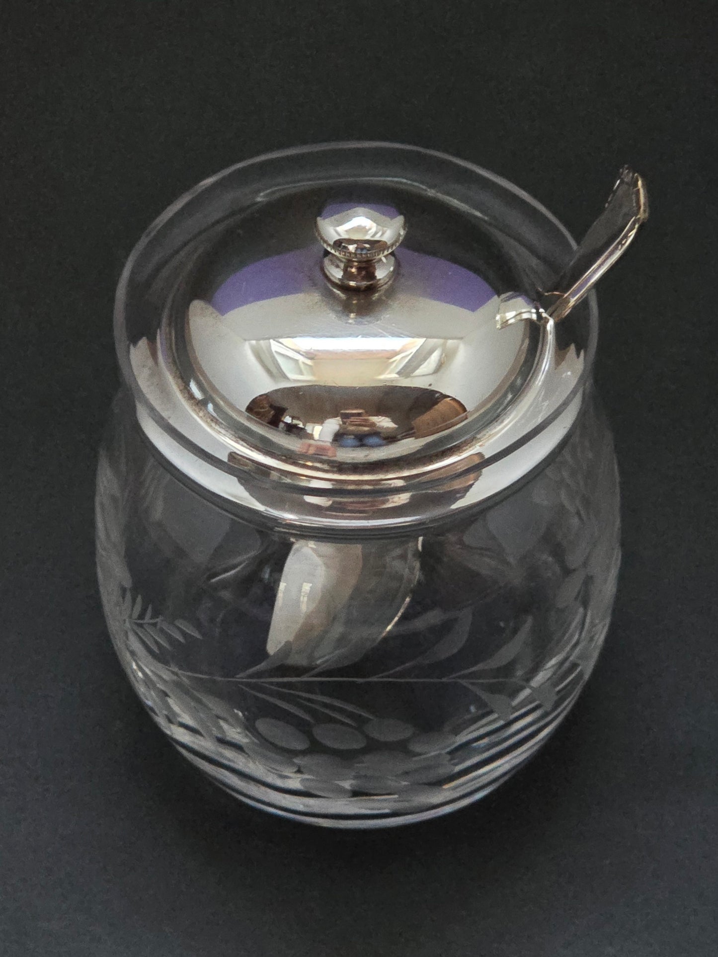 English Crystal Jam Jar - 1940s Silver Plated Lid with Original EPNS Spoon