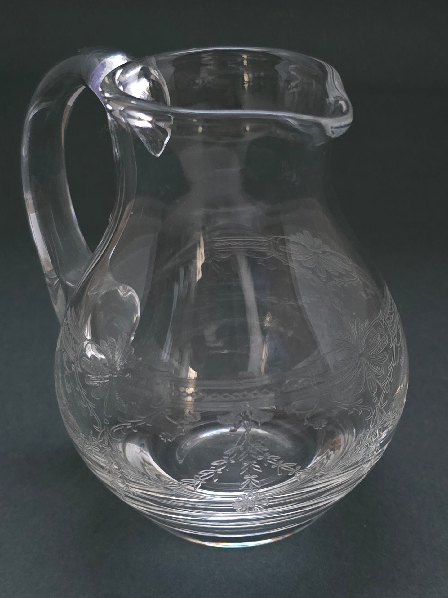 Victorian Engraved Glass Pitcher - 1880 Hand-Engraved Floral Carafe