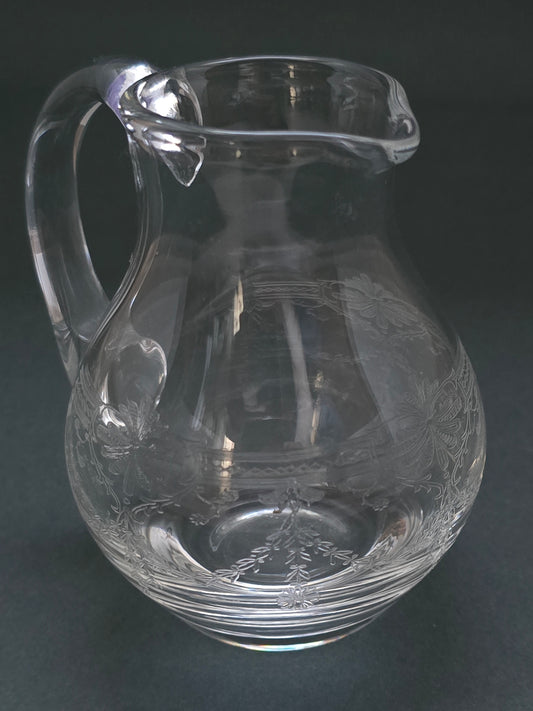 Victorian Engraved Glass Pitcher - 1880 Hand-Engraved Floral Carafe