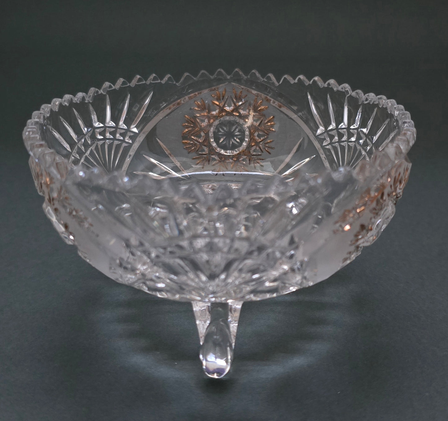 Austrian Crystal Bonbon Dish - 1950s Hand-Painted Gold Details on Three Feet