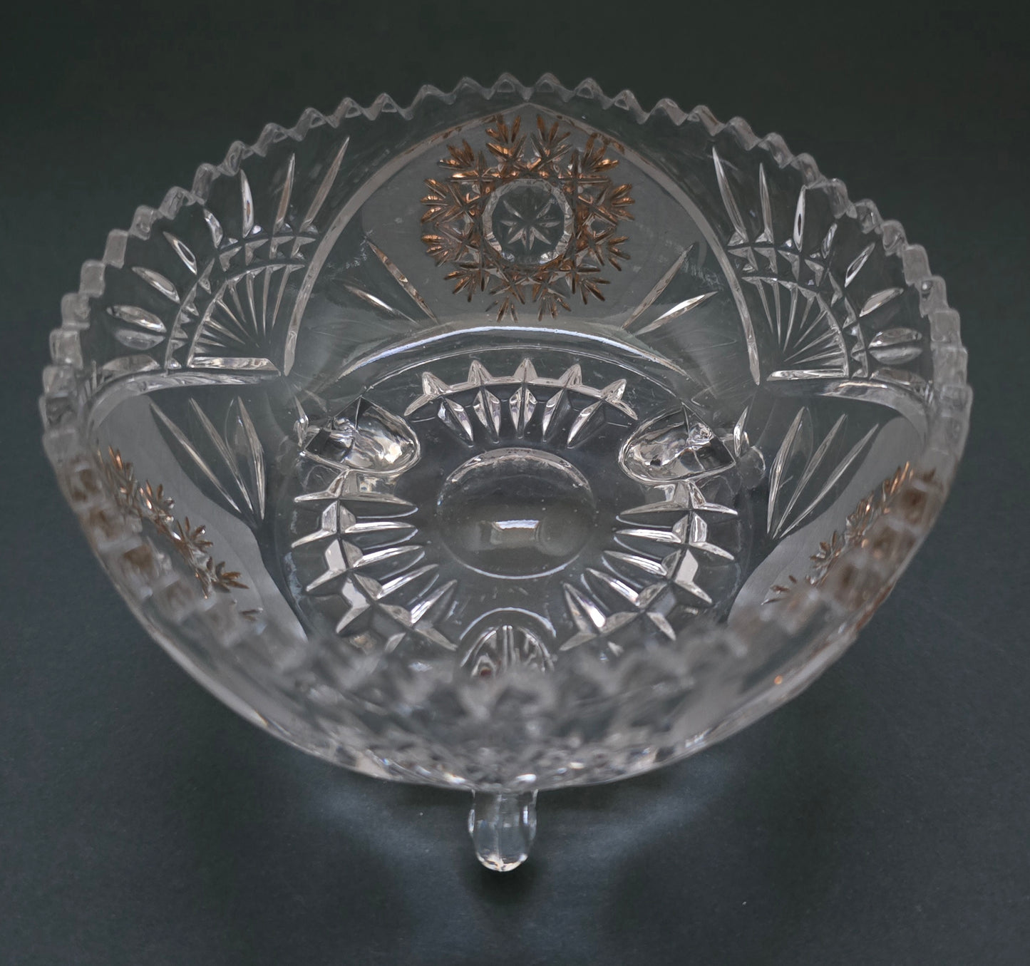 Austrian Crystal Bonbon Dish - 1950s Hand-Painted Gold Details on Three Feet