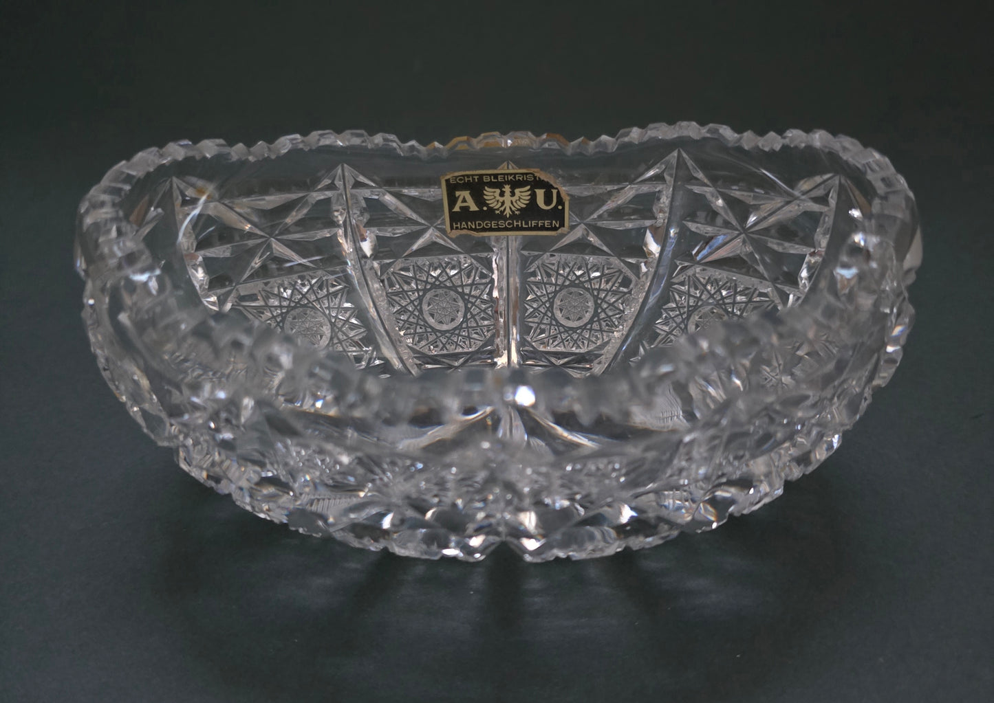 German Lead Crystal Bowl - 1950s Hand-Cut Bleikristall Boat Shape