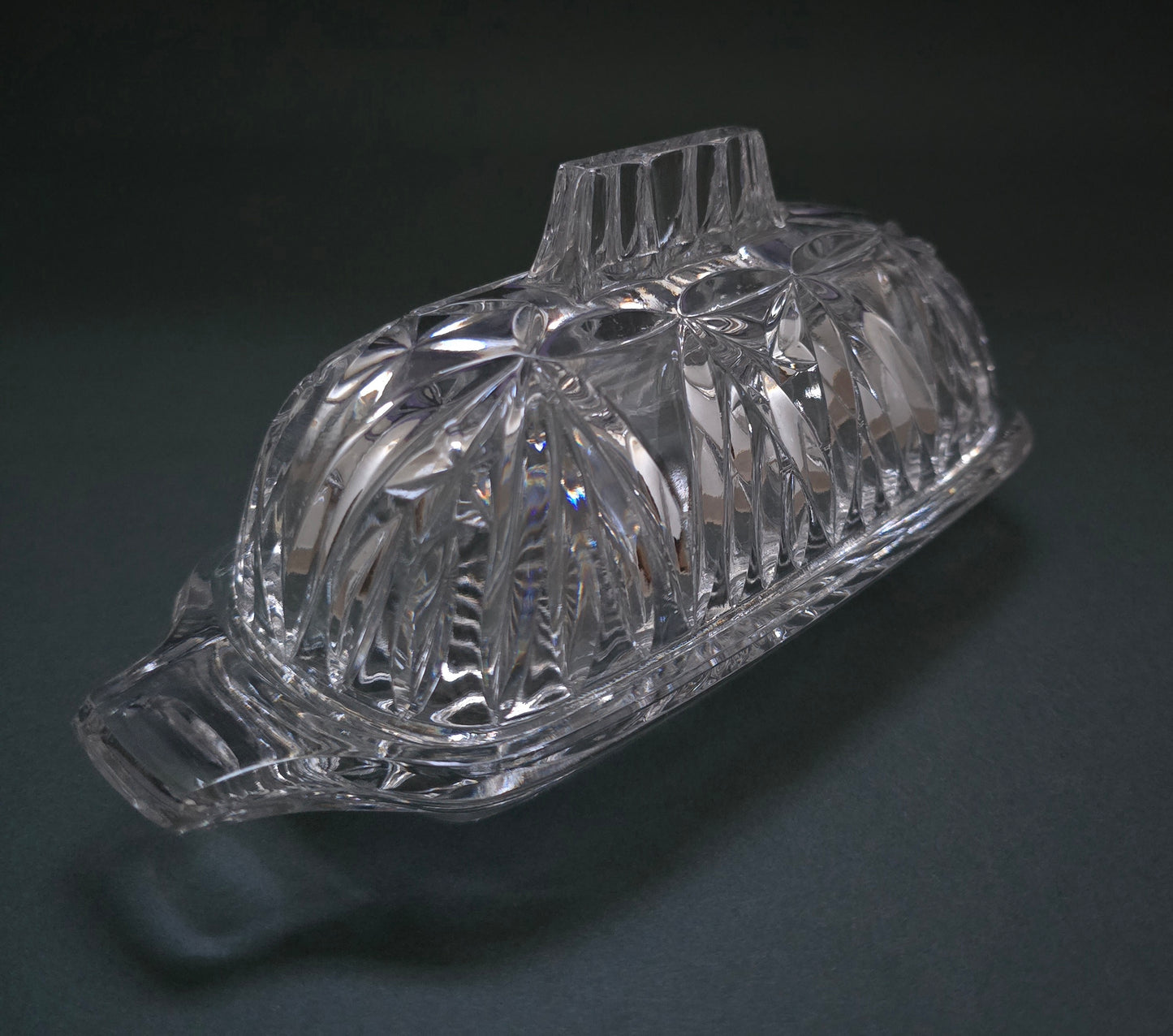 1940s American Pressed Cut Crystal Butter Dish with Lid - Starburst Pattern