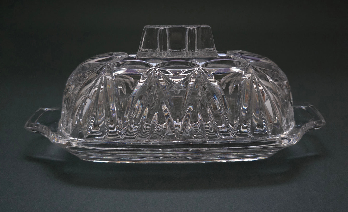 1940s American Pressed Cut Crystal Butter Dish with Lid - Starburst Pattern