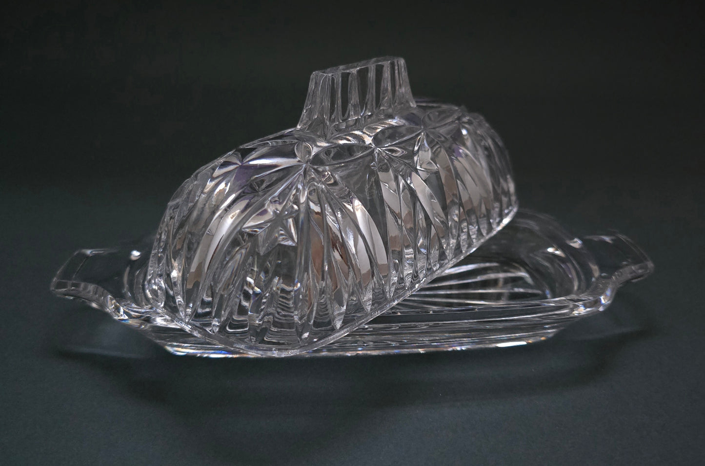 1940s American Pressed Cut Crystal Butter Dish with Lid - Starburst Pattern