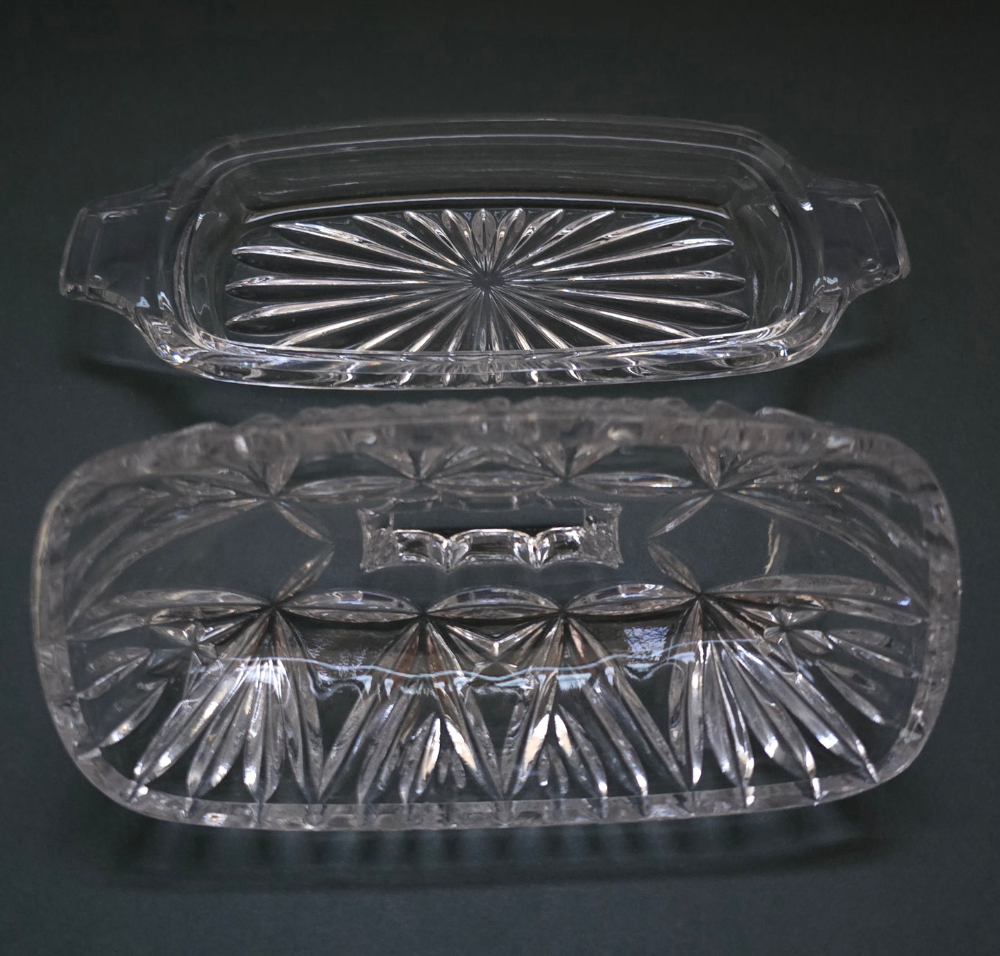 1940s American Pressed Cut Crystal Butter Dish with Lid - Starburst Pattern