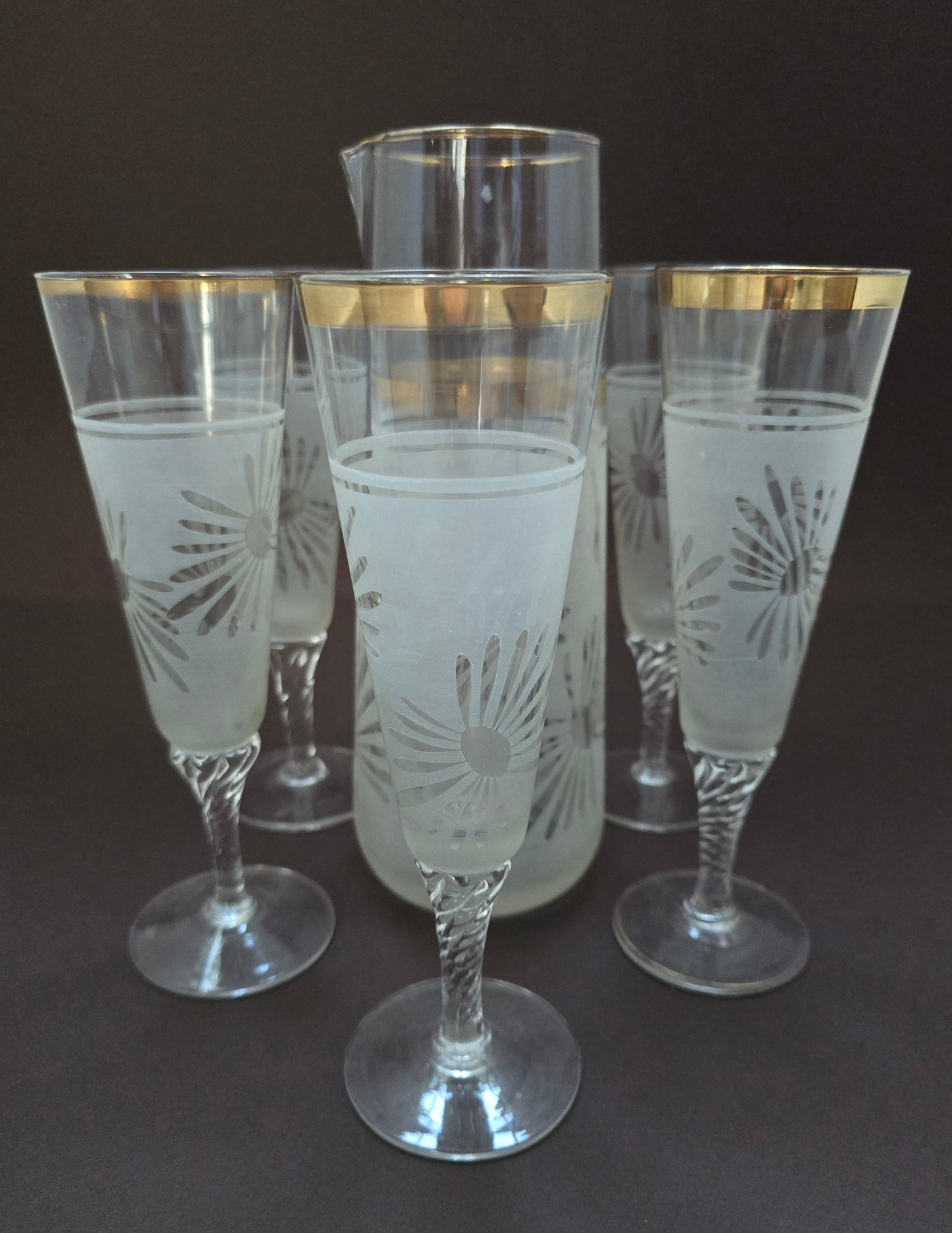 Hazel Atlas Cocktail Set - Mid-Century Frosted Palm Pattern with Gold Rim