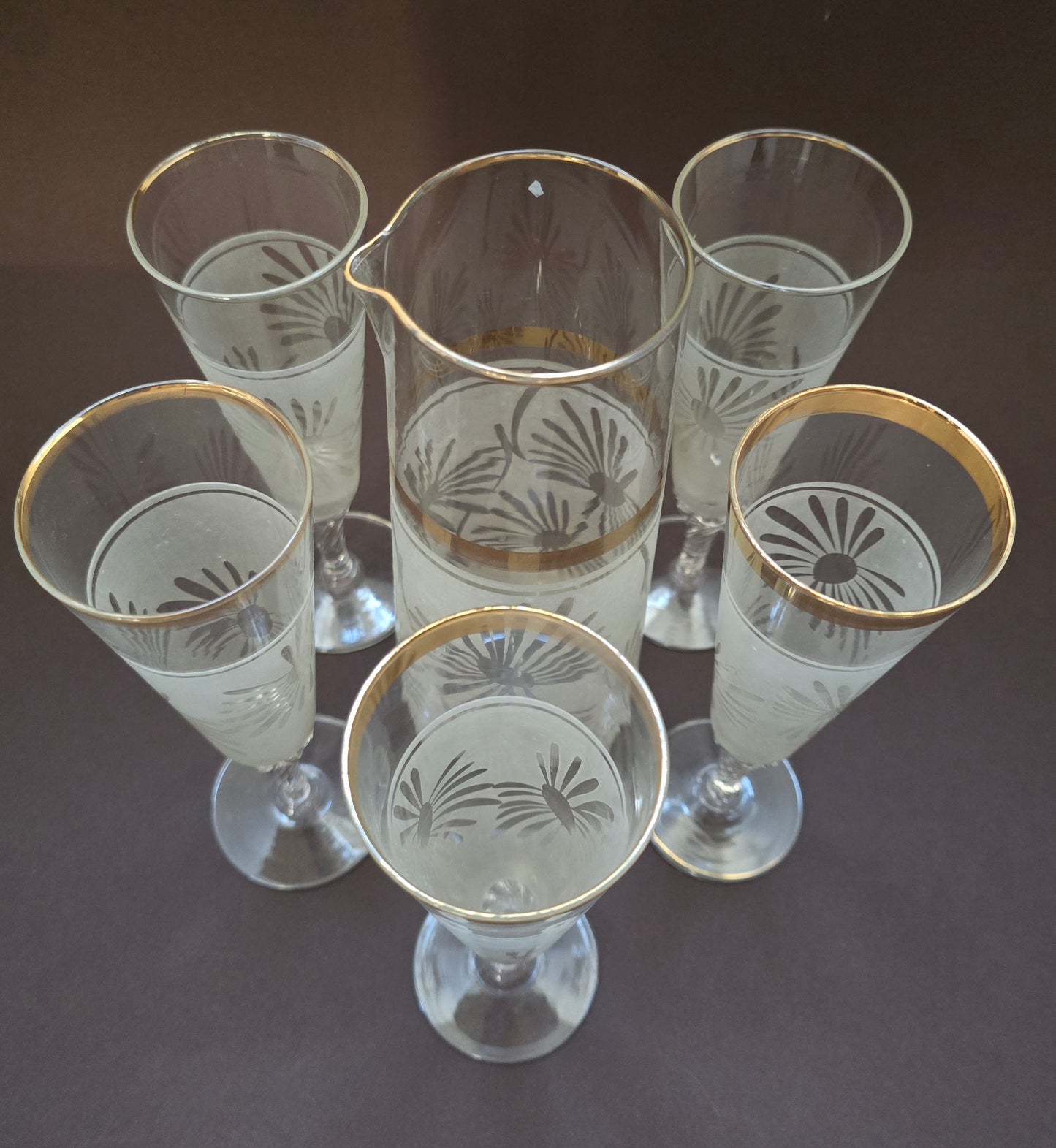 Hazel Atlas Cocktail Set - Mid-Century Frosted Palm Pattern with Gold Rim