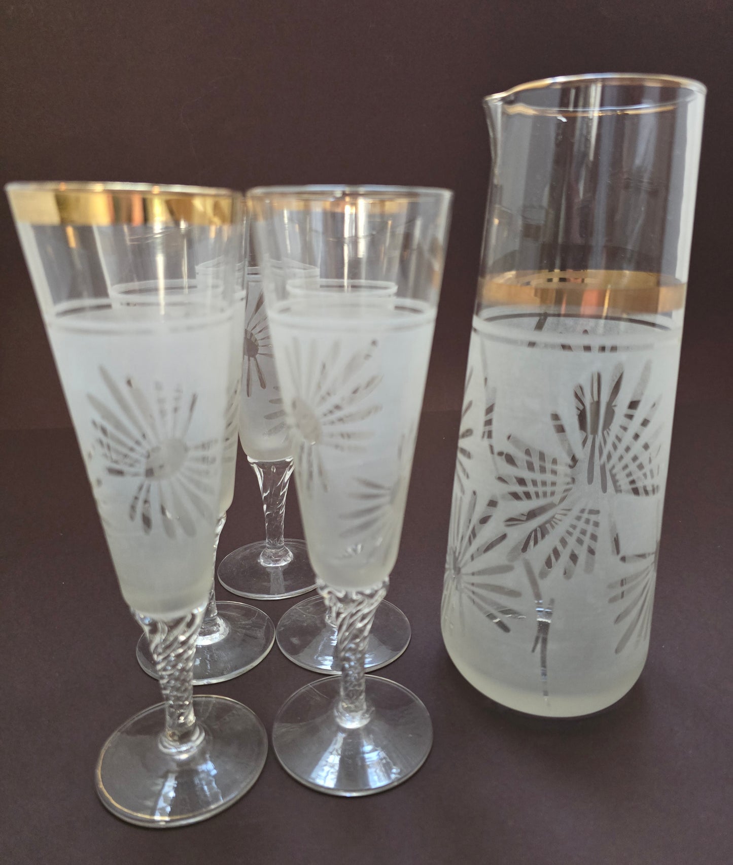 Hazel Atlas Cocktail Set - Mid-Century Frosted Palm Pattern with Gold Rim