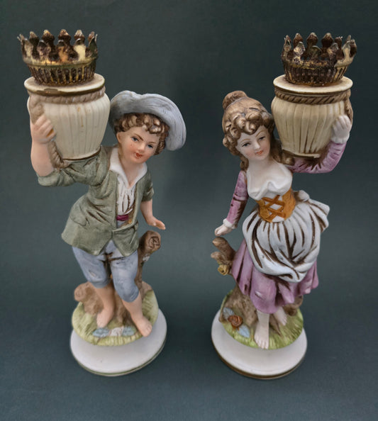 Vintage Italian Porcelain Figural Candle Holders - Rococo Couple 1950s