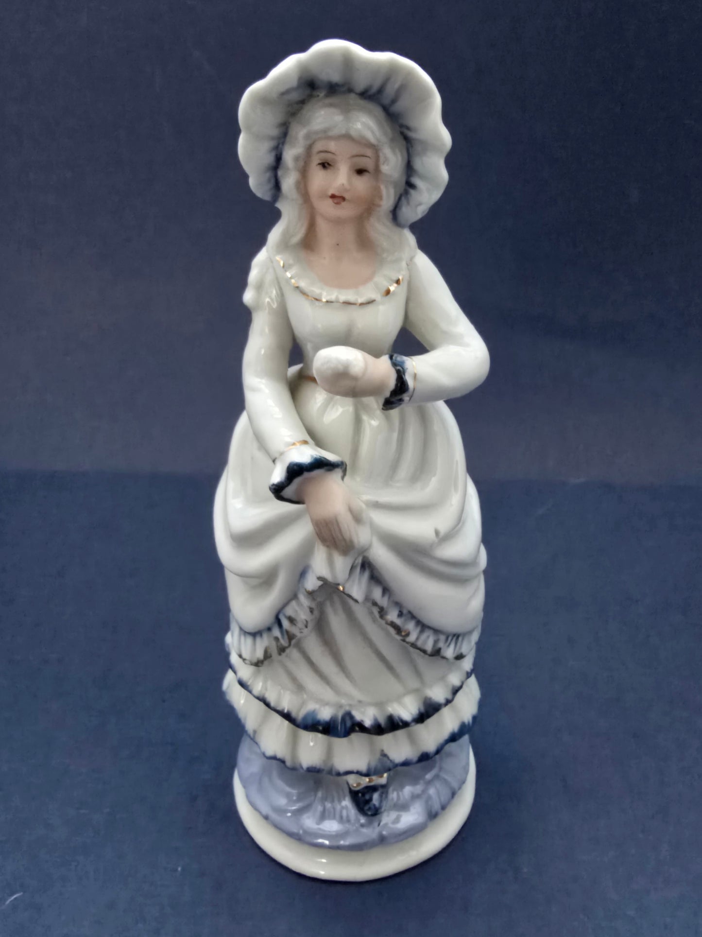 Antique German Porcelain Lady Figurine with Blue Accents - 1910