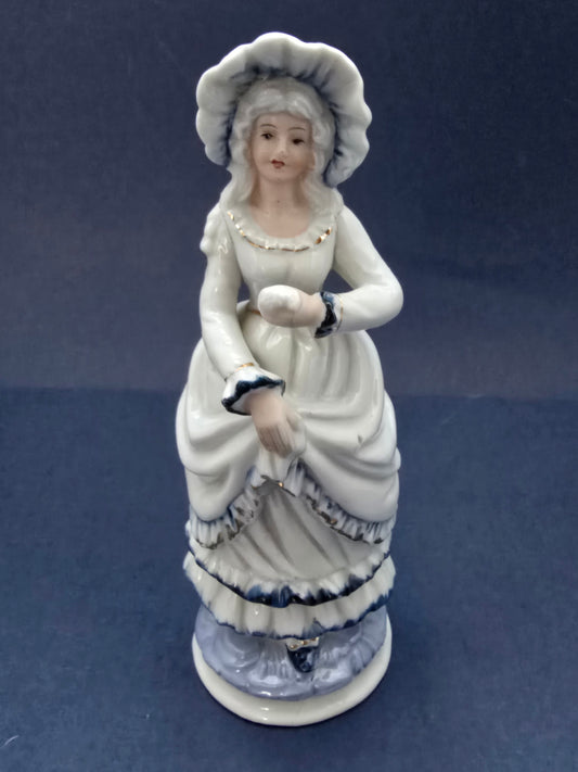 Antique German Porcelain Lady Figurine with Blue Accents - 1910