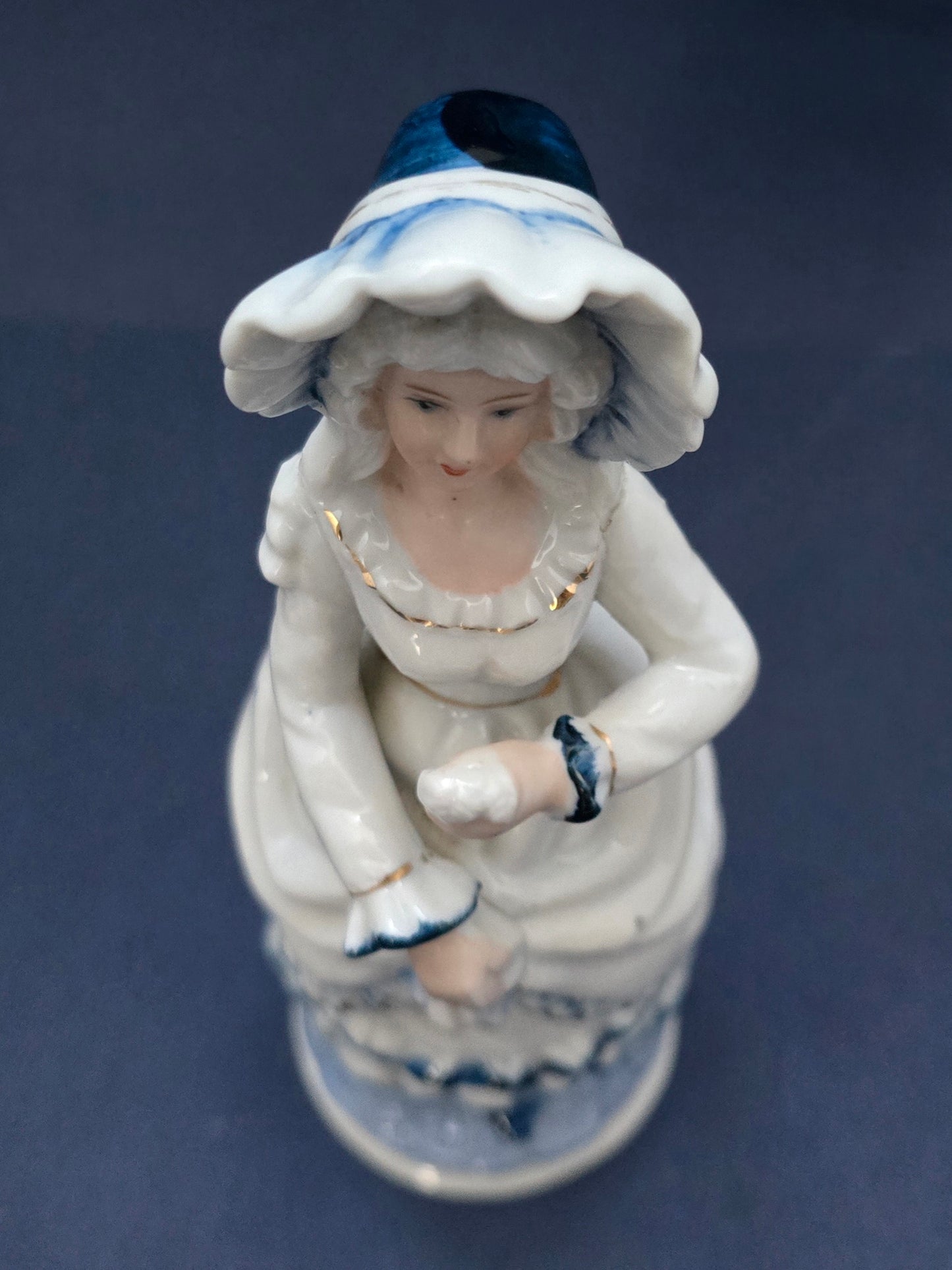Antique German Porcelain Lady Figurine with Blue Accents - 1910