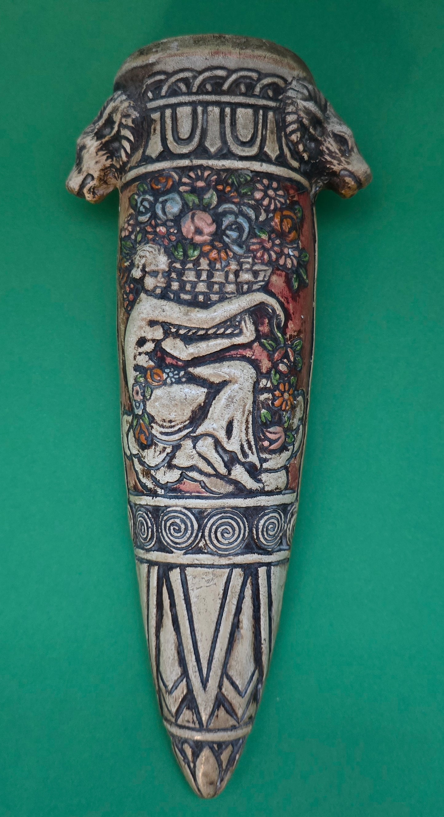 Portuguese Hand-Painted Terracotta Wall Vase - 1920s Vintage